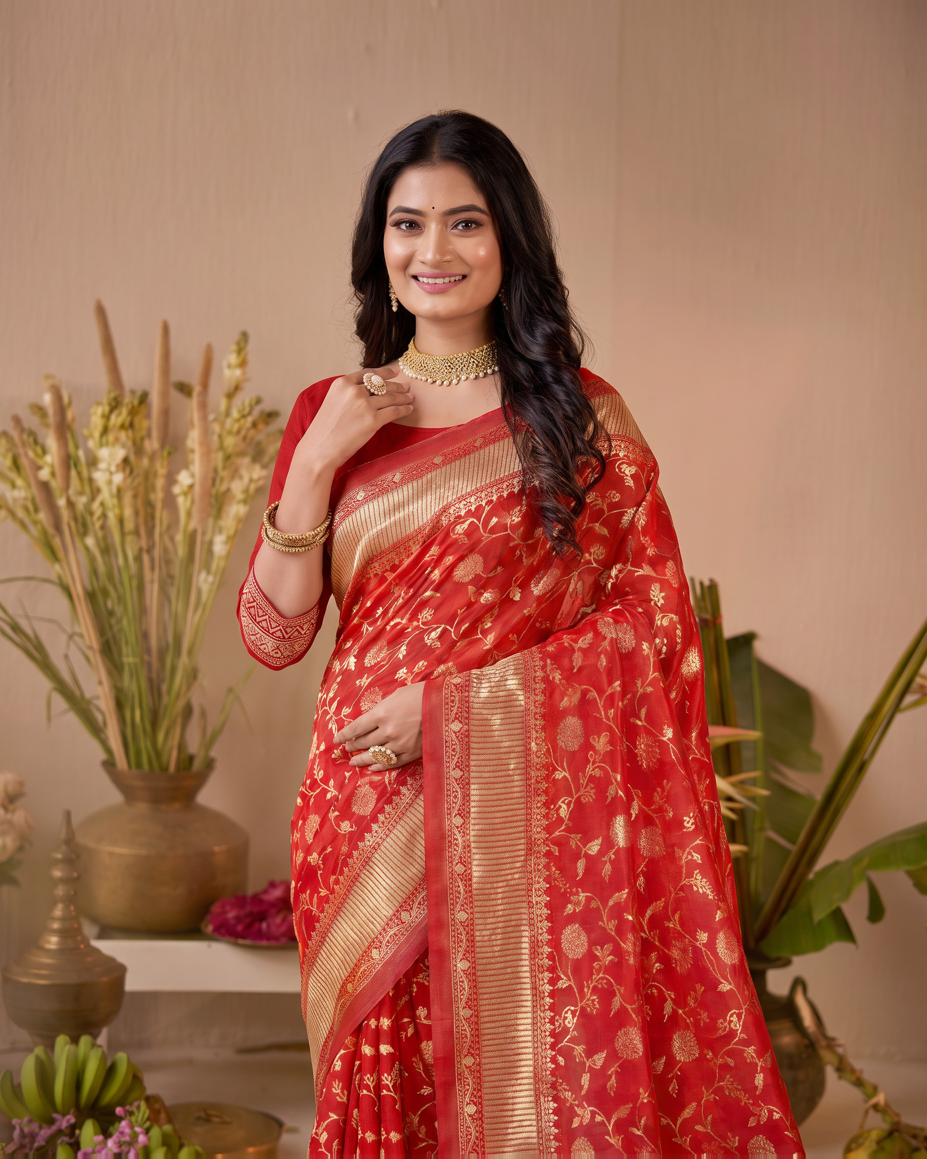 Vasundhara Botanical Trellis Silk Saree - Red - upper closeup