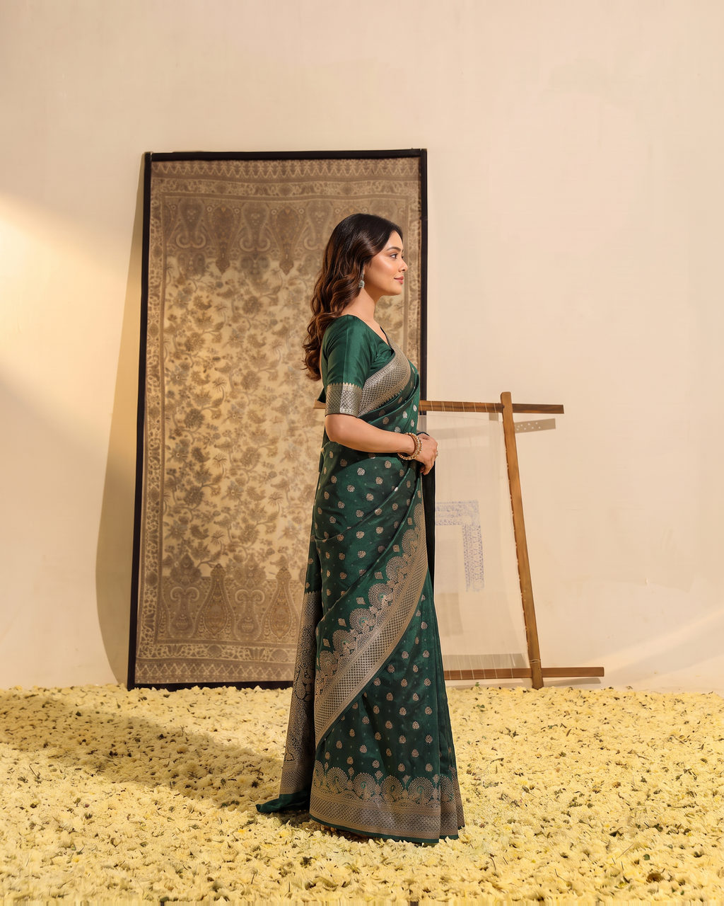 Vayana Statement Festive Saree with Ornate Border - Green Teal - side