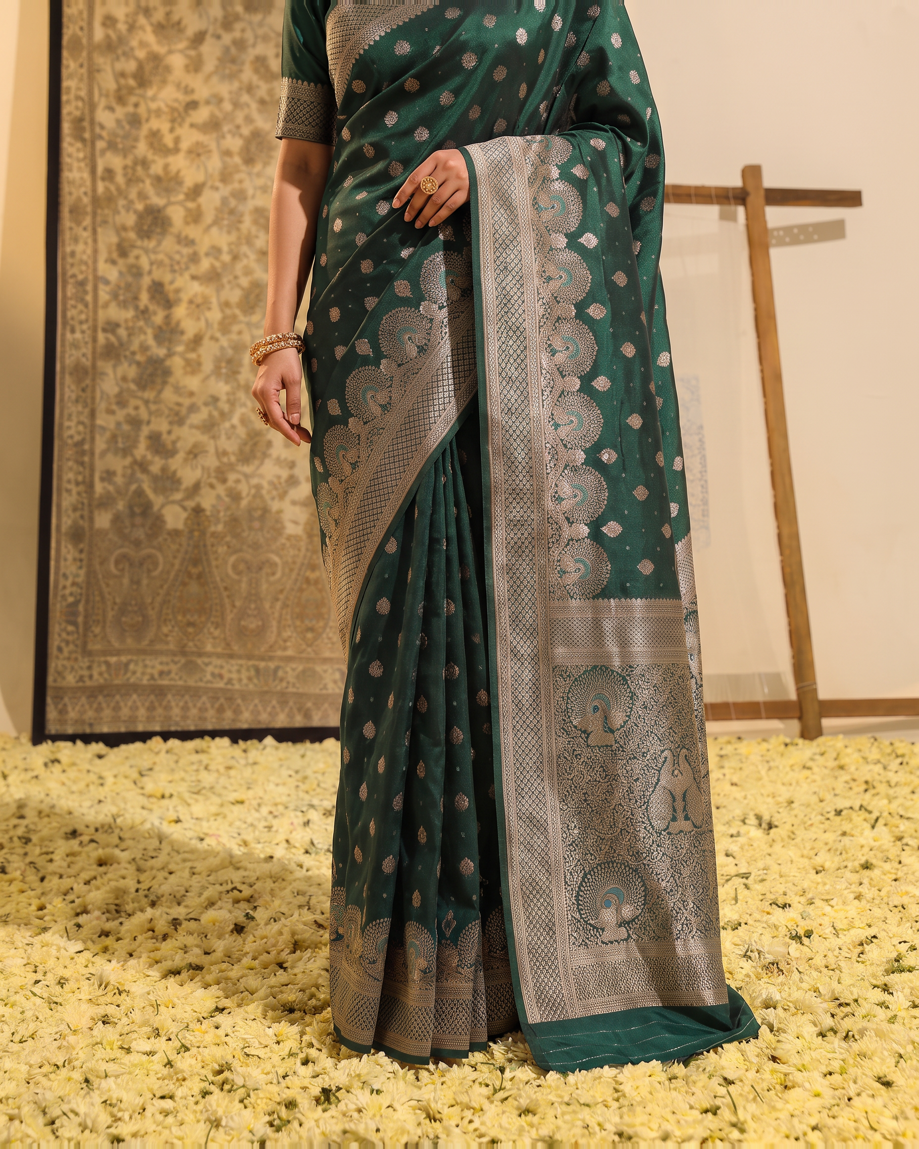 Vayana Statement Festive Saree with Ornate Border - Green Teal - lower closeup