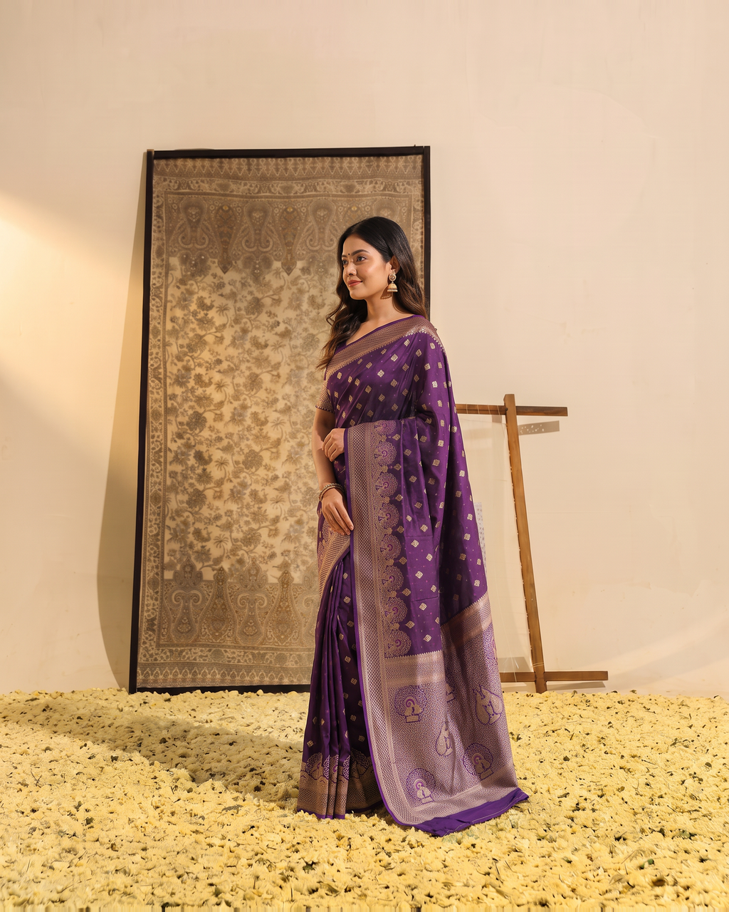 Vayana Statement Festive Saree with Ornate Border - Purple - side