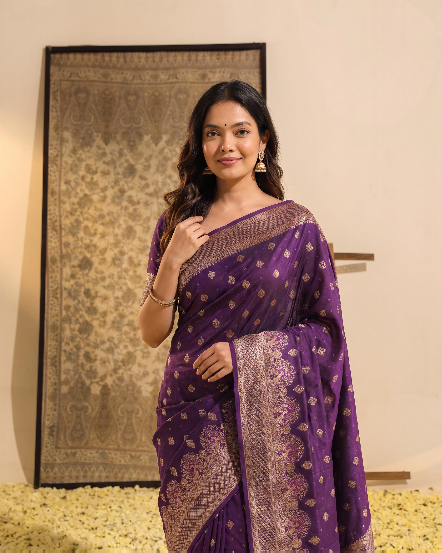 Vayana Statement Festive Saree with Ornate Border - Purple - upper closeup