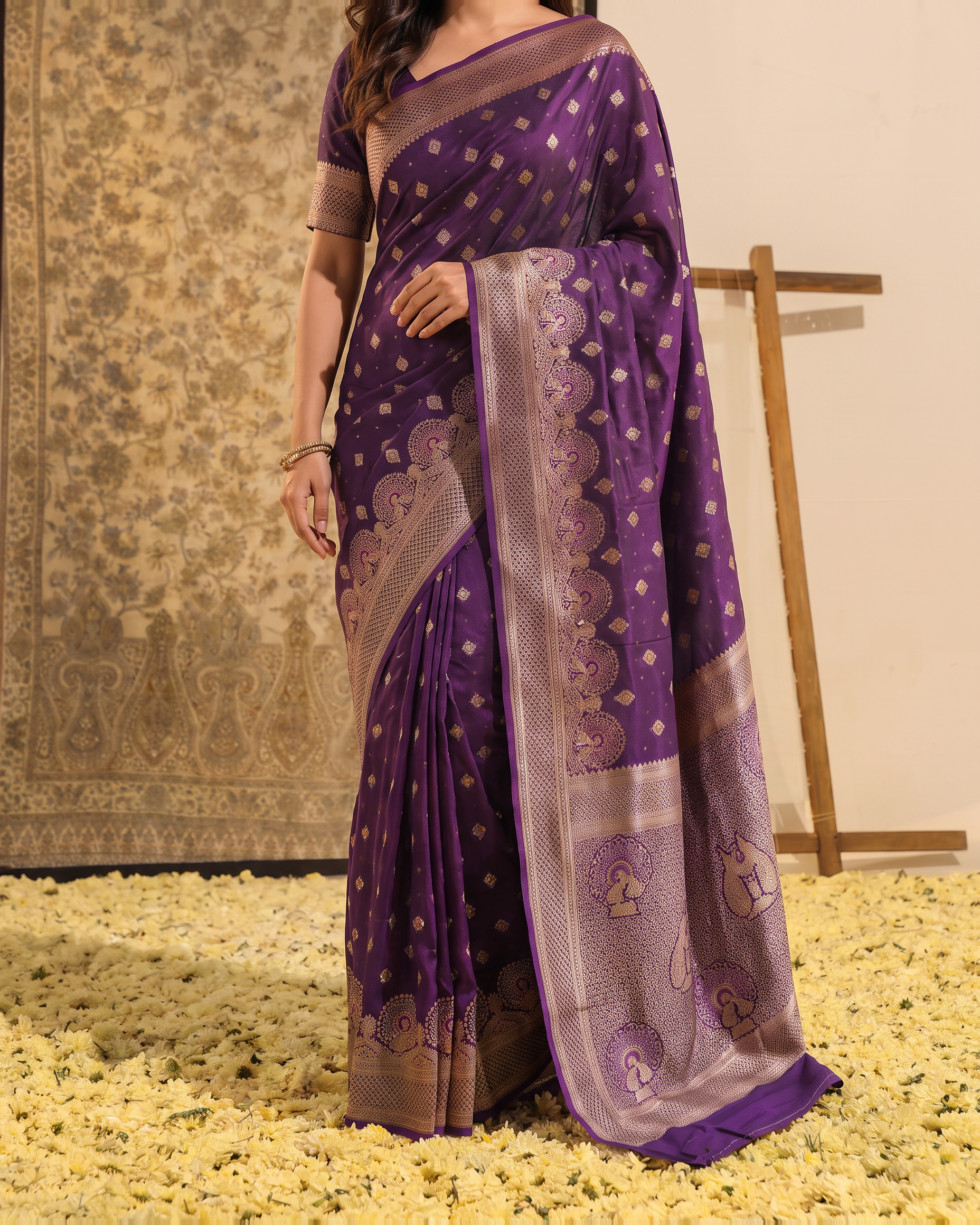 Vayana Statement Festive Saree with Ornate Border - Purple - lower closeup