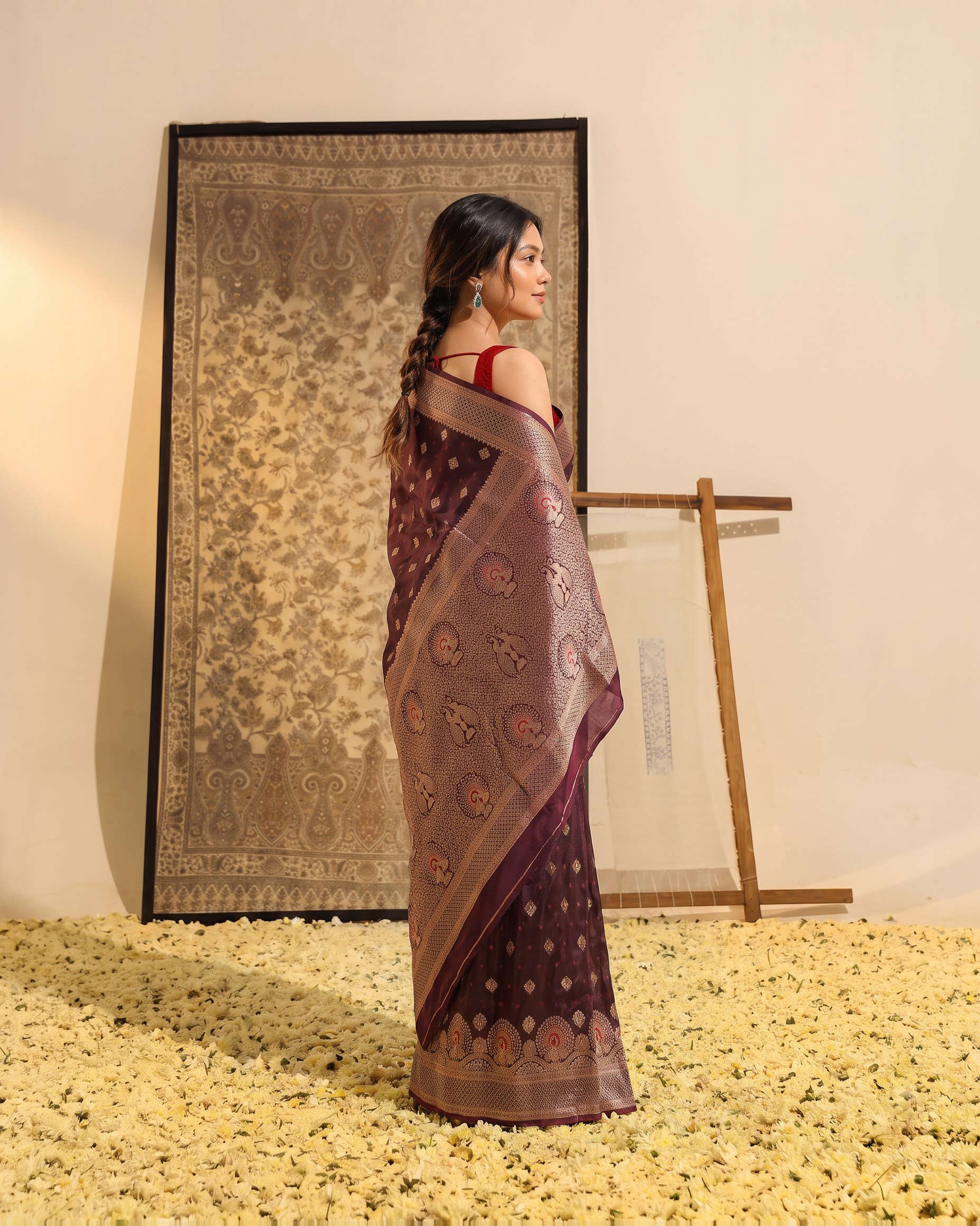 Vayana Statement Festive Saree with Ornate Border - Wine Brown - side
