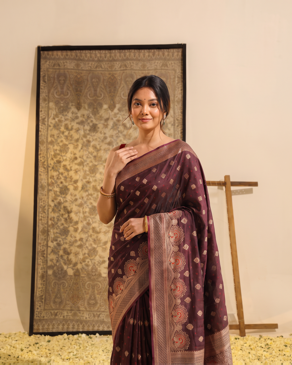 Vayana Statement Festive Saree with Ornate Border - Wine Brown - upper closeup