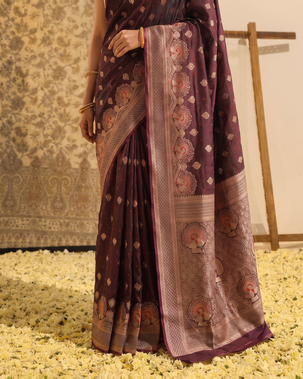 Vayana Statement Festive Saree with Ornate Border - Wine Brown - lower closeup