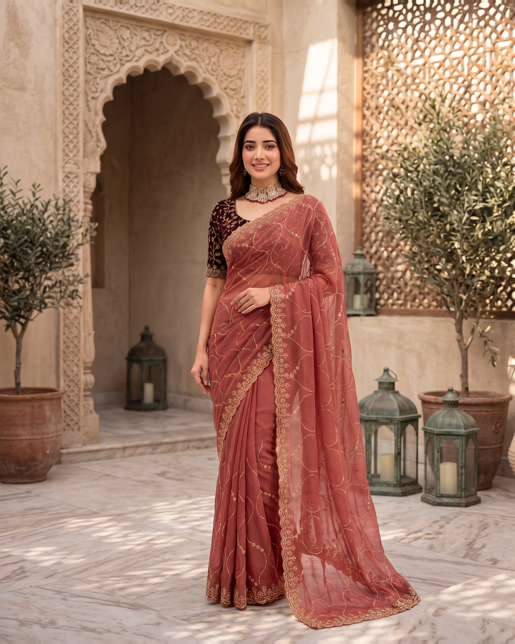 Vedika Star Kaju Katri Festive Saree with Patterned Pallu - Coral - full saree hero