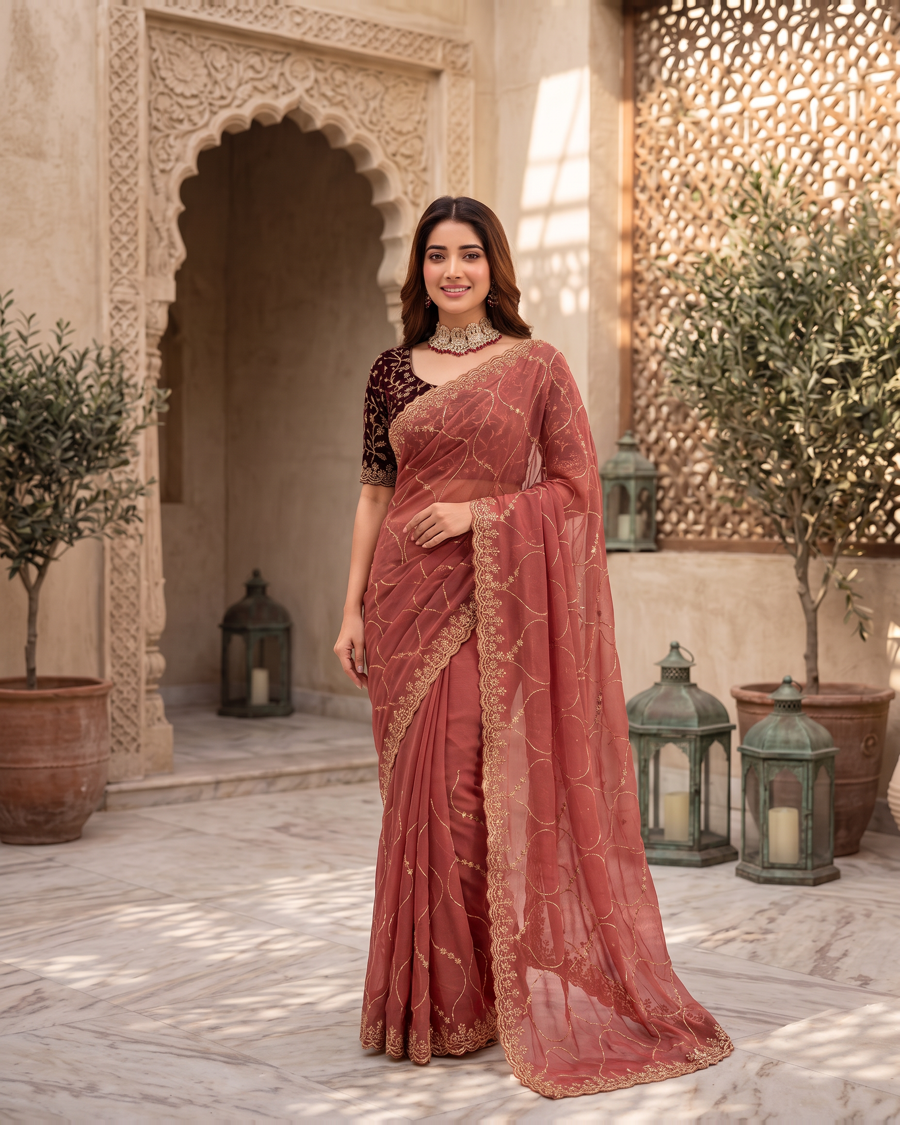 Vedika Star Kaju Katri Festive Saree with Patterned Pallu - Coral - full saree hero