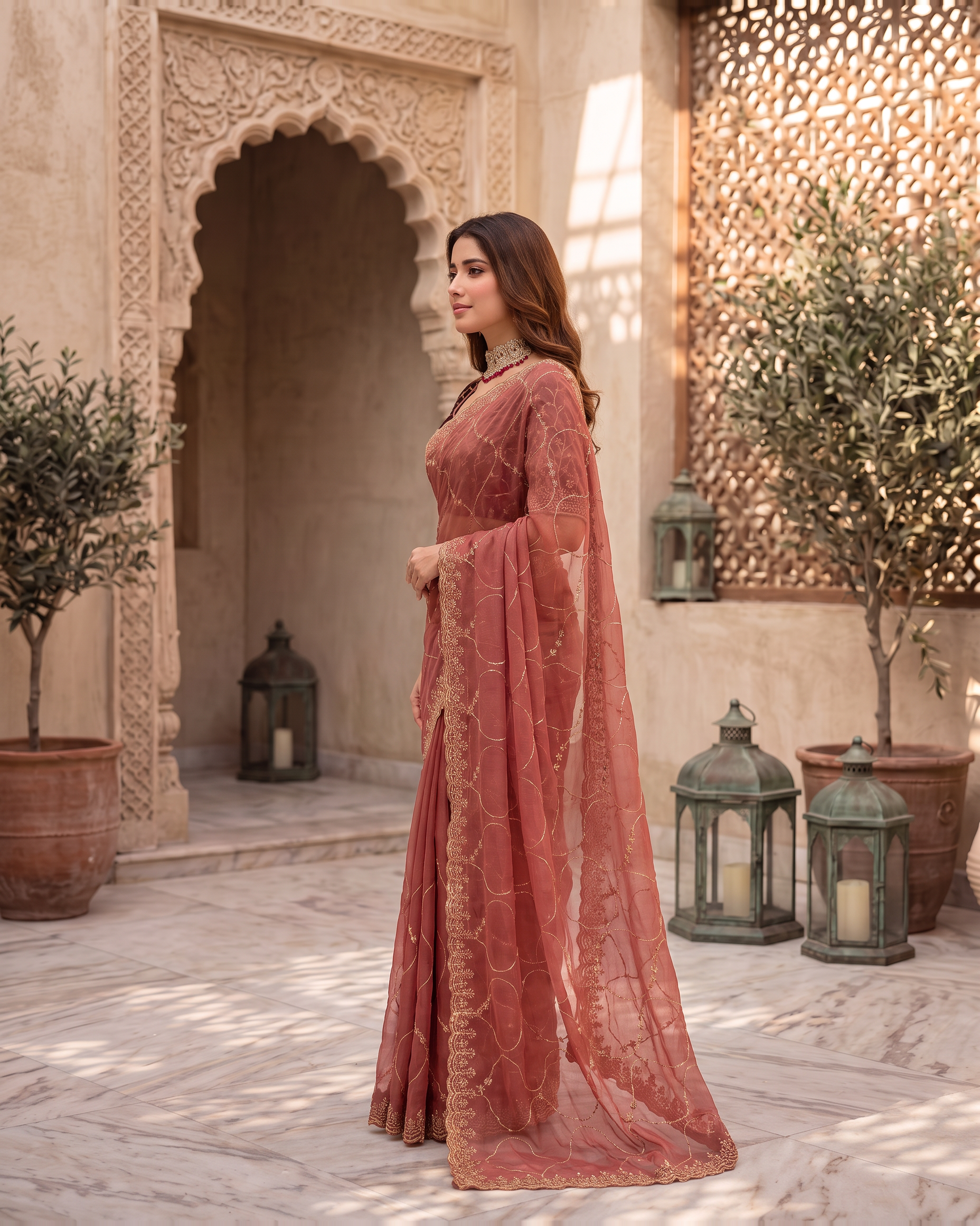 Vedika Star Kaju Katri Festive Saree with Patterned Pallu - Coral - side