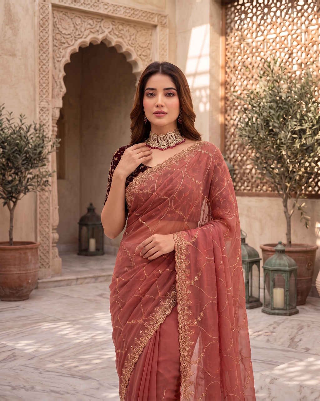 Vedika Star Kaju Katri Festive Saree with Patterned Pallu - Coral - upper closeup