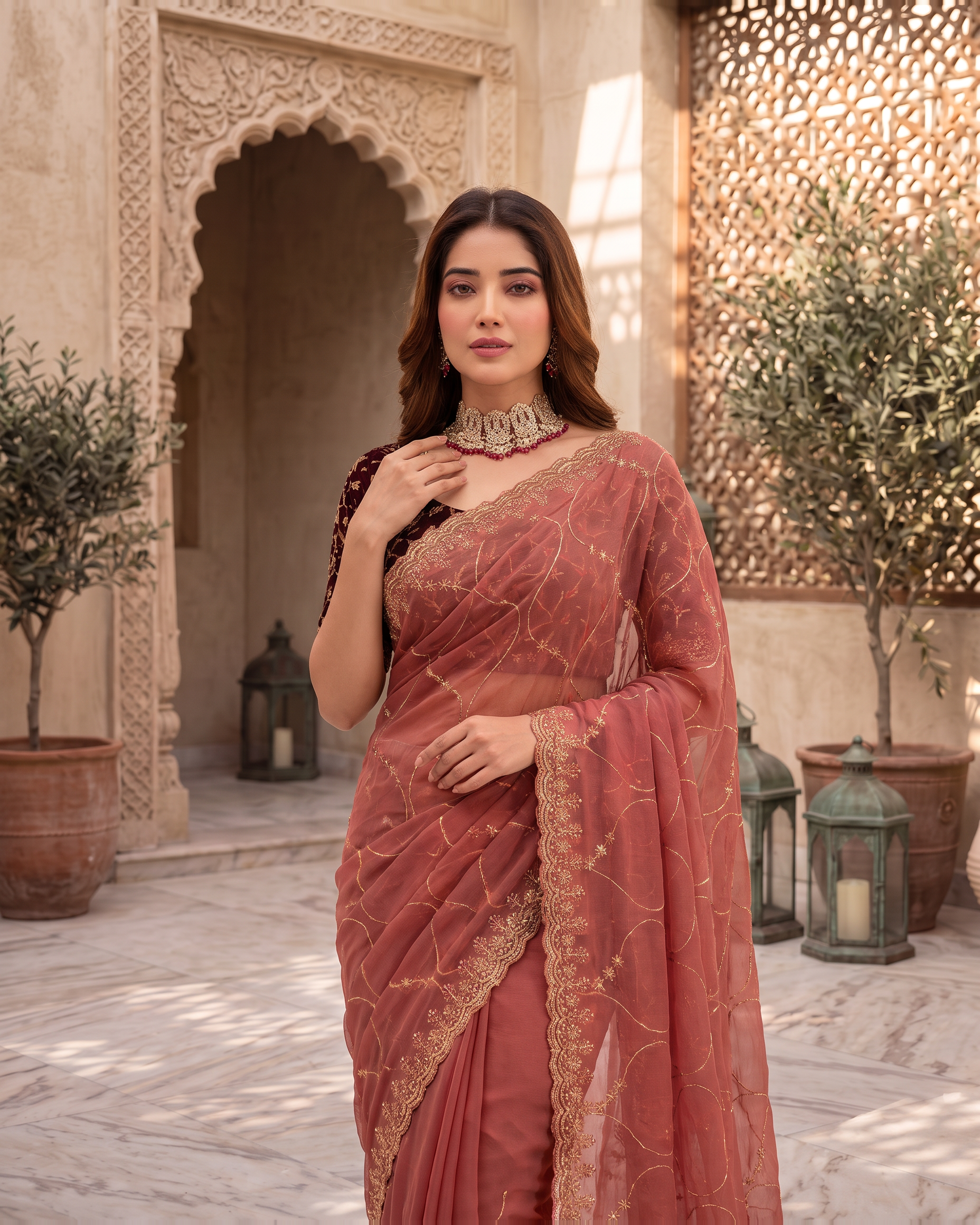 Vedika Star Kaju Katri Festive Saree with Patterned Pallu - Coral - upper closeup