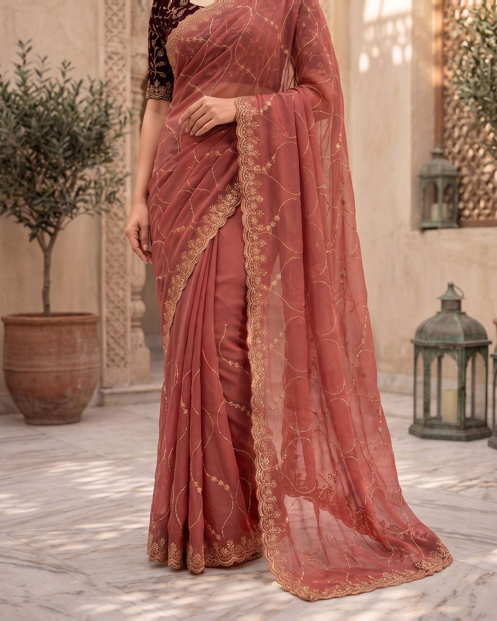 Vedika Star Kaju Katri Festive Saree with Patterned Pallu - Coral - lower closeup