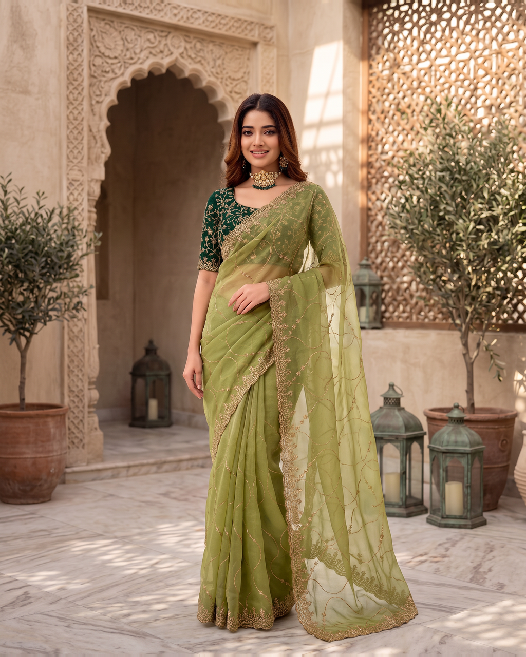 Vedika Star Kaju Katri Festive Saree with Patterned Pallu - Green - full saree hero