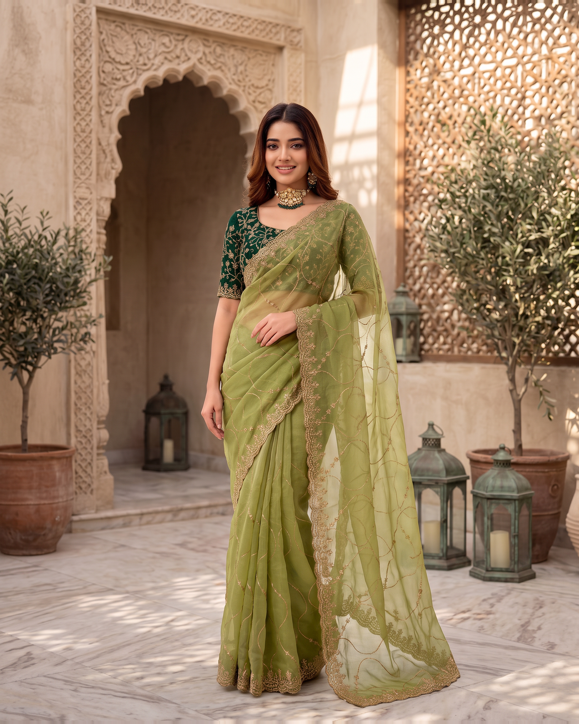 Vedika Star Kaju Katri Festive Saree with Patterned Pallu - Green - full saree hero