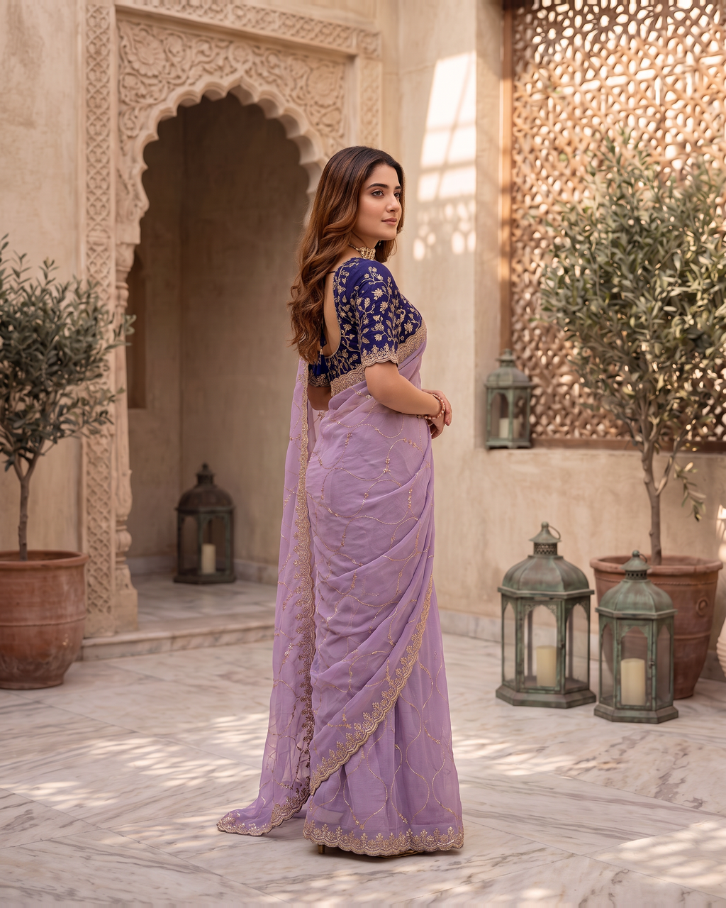 Vedika Star Kaju Katri Festive Saree with Patterned Pallu - Lavender - side