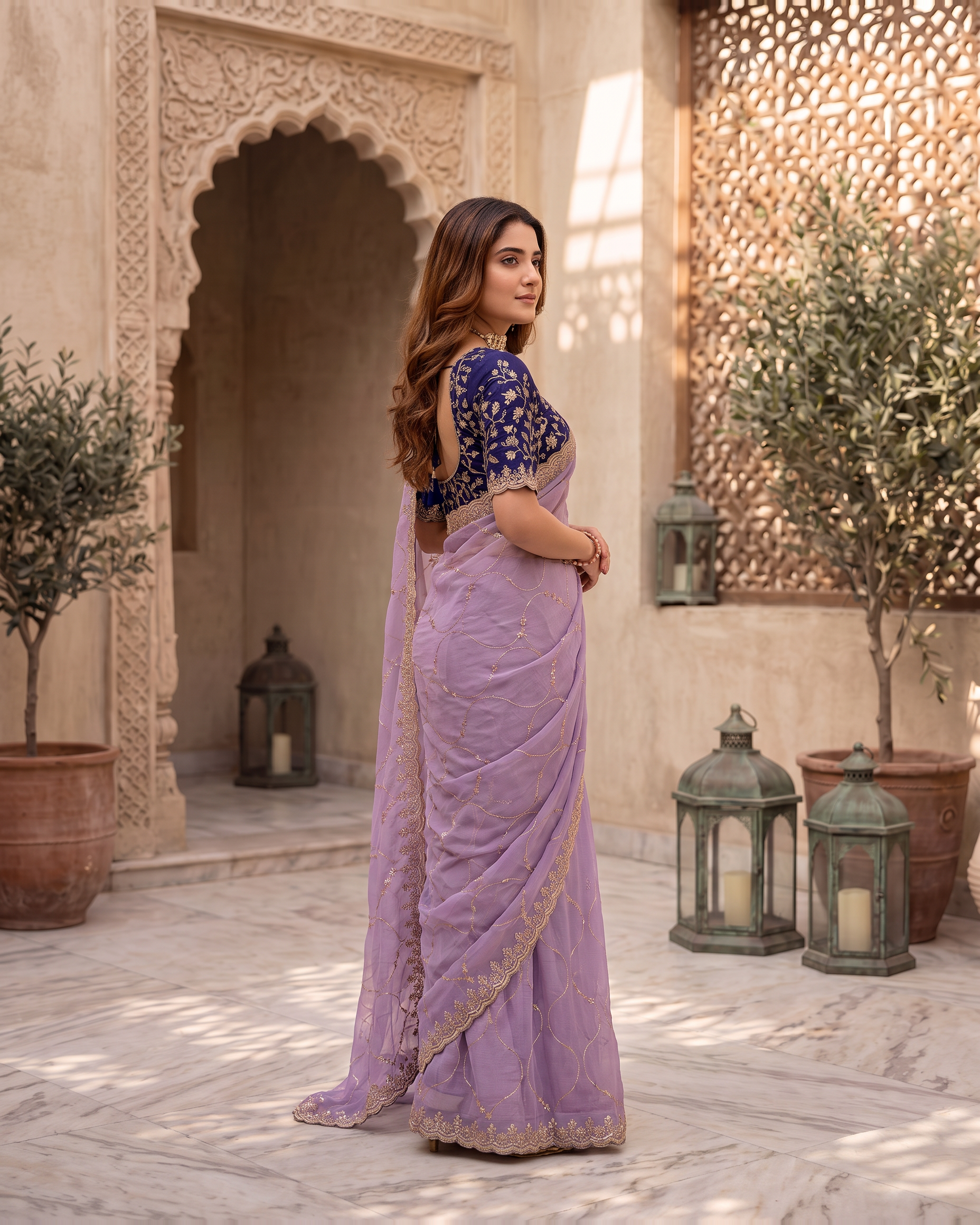 Vedika Star Kaju Katri Festive Saree with Patterned Pallu - Lavender - side