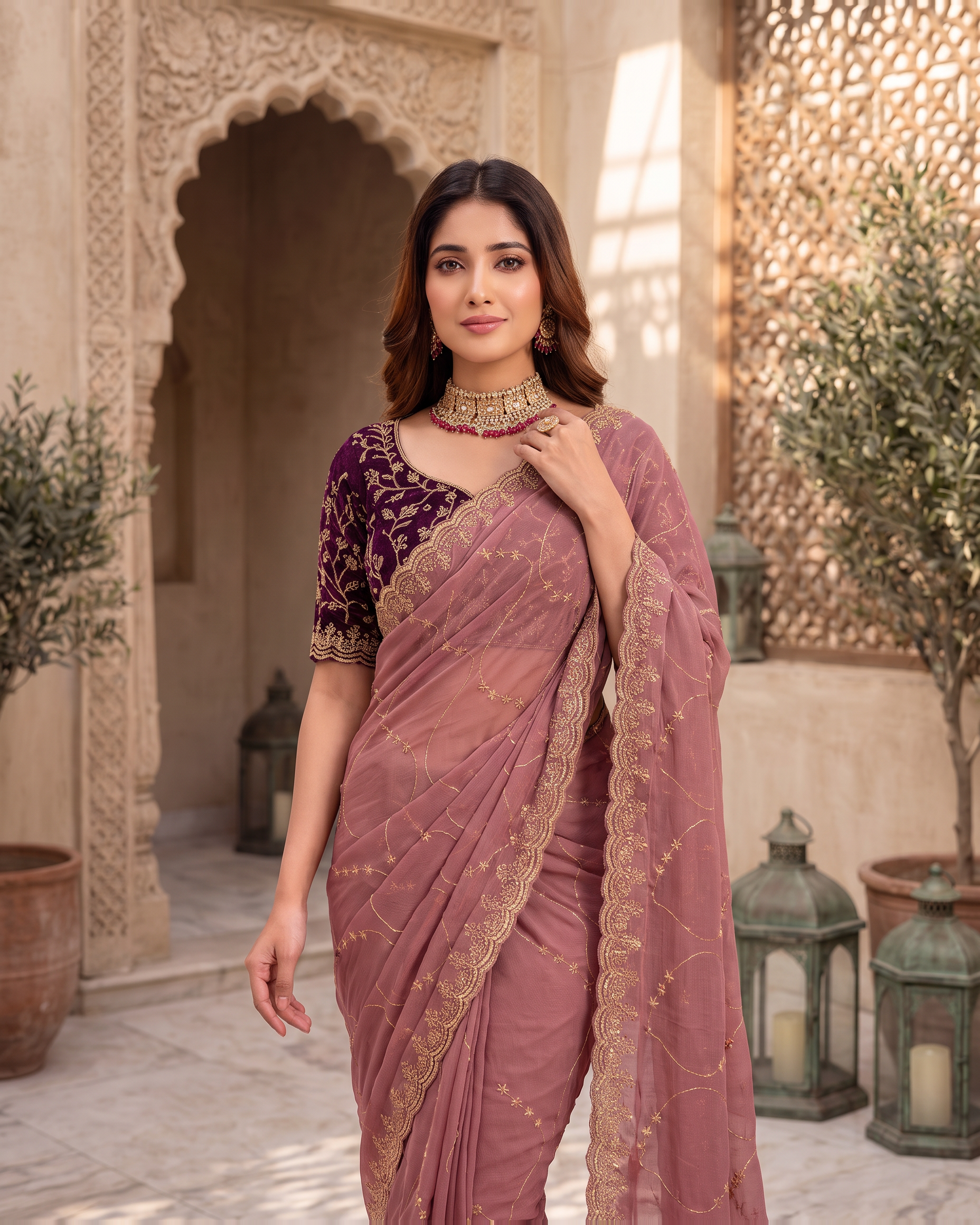 Vedika Star Kaju Katri Festive Saree with Patterned Pallu - Mauve - upper closeup