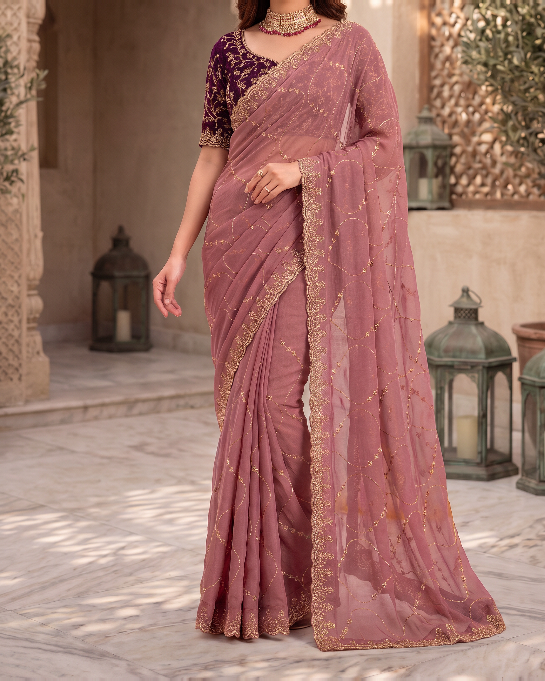 Vedika Star Kaju Katri Festive Saree with Patterned Pallu - Mauve - lower closeup