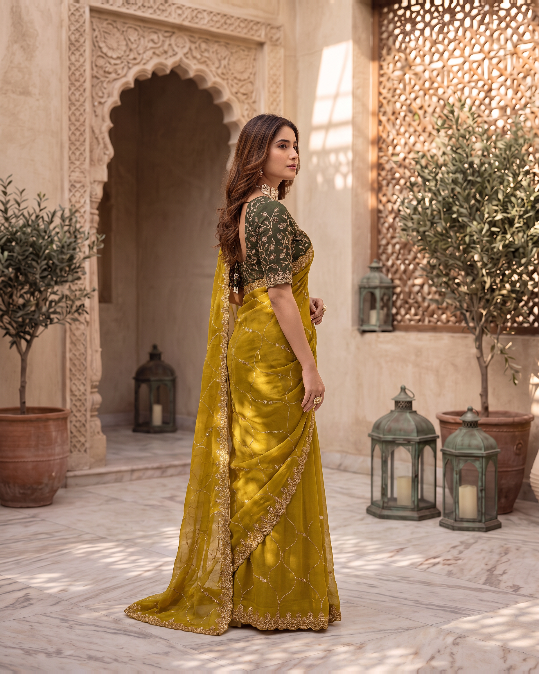Vedika Star Kaju Katri Festive Saree with Patterned Pallu - Mustard - side