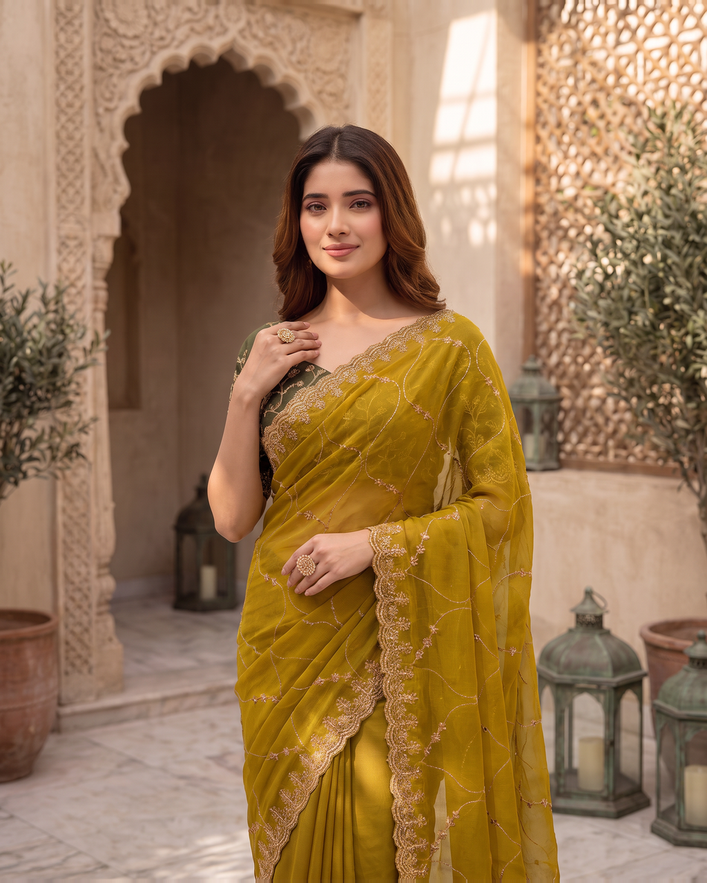 Vedika Star Kaju Katri Festive Saree with Patterned Pallu - Mustard - upper closeup