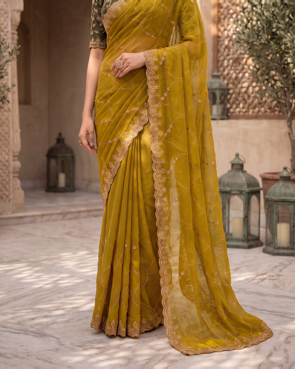 Vedika Star Kaju Katri Festive Saree with Patterned Pallu - Mustard - lower closeup