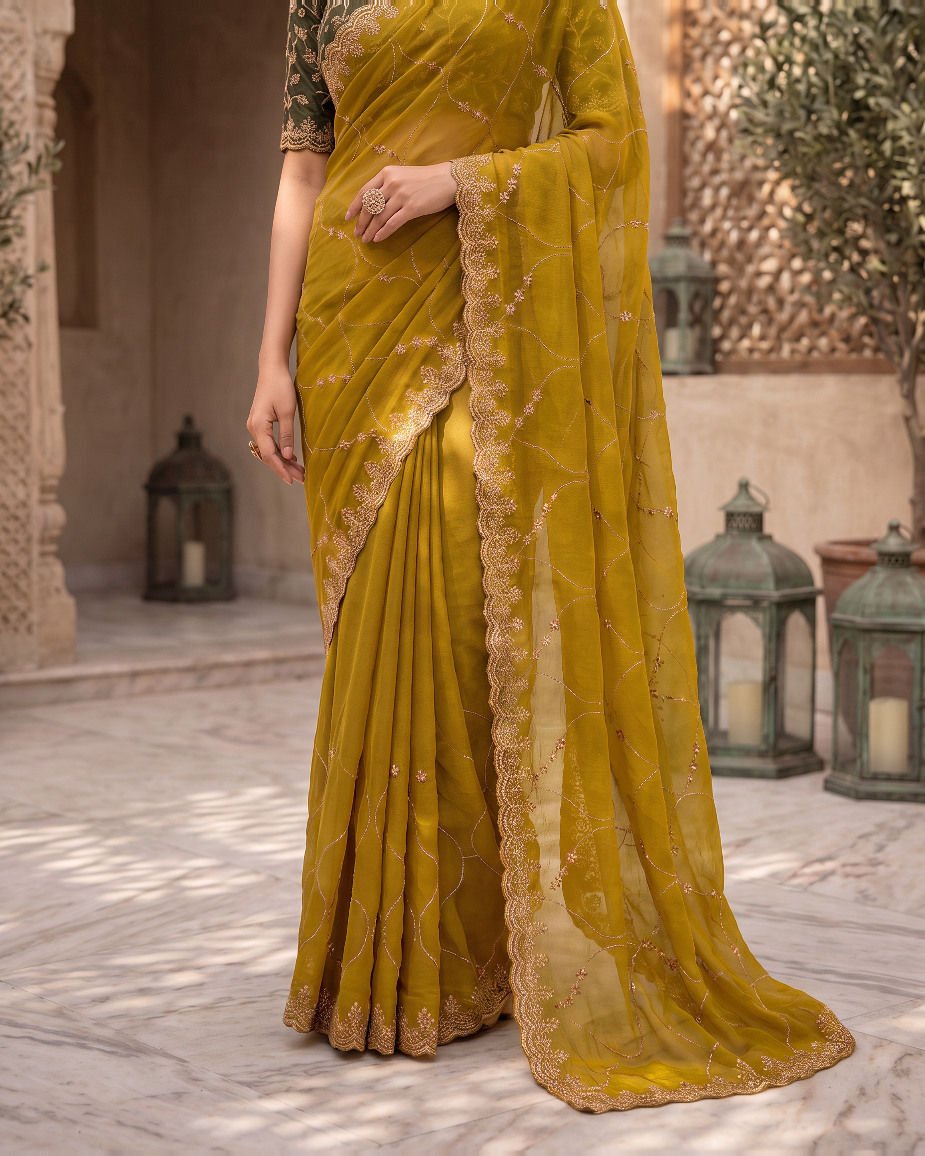 Vedika Star Kaju Katri Festive Saree with Patterned Pallu - Mustard - lower closeup