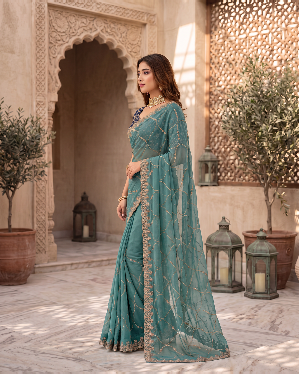 Vedika Star Kaju Katri Festive Saree with Patterned Pallu - Teal - side
