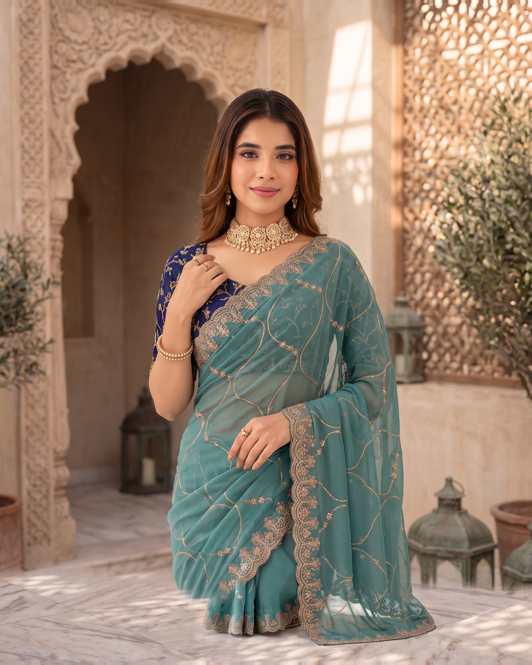 Vedika Star Kaju Katri Festive Saree with Patterned Pallu - Teal - upper closeup