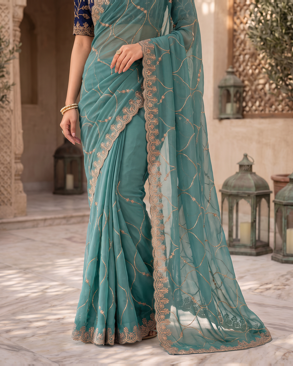 Vedika Star Kaju Katri Festive Saree with Patterned Pallu - Teal - lower closeup