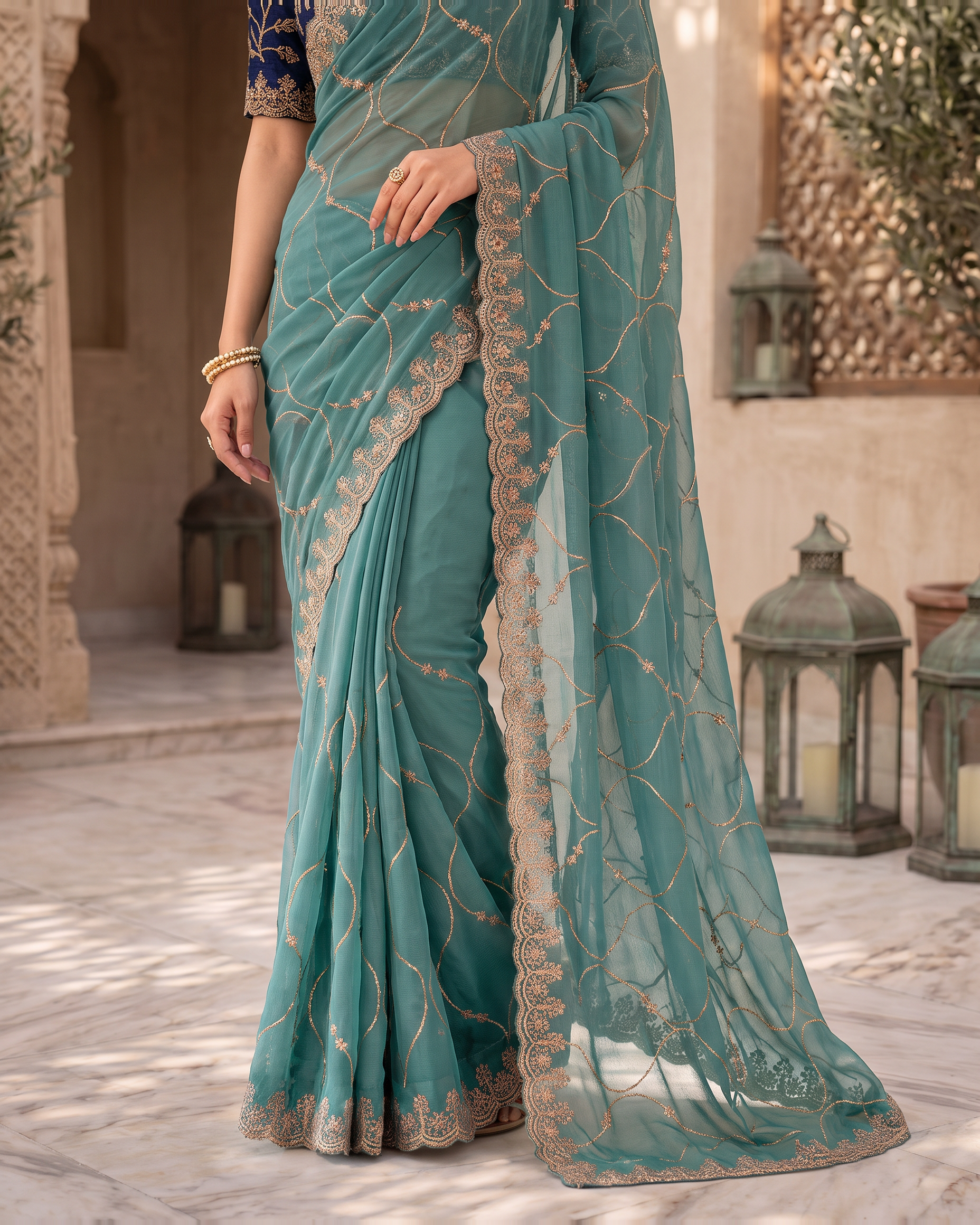 Vedika Star Kaju Katri Festive Saree with Patterned Pallu - Teal - lower closeup