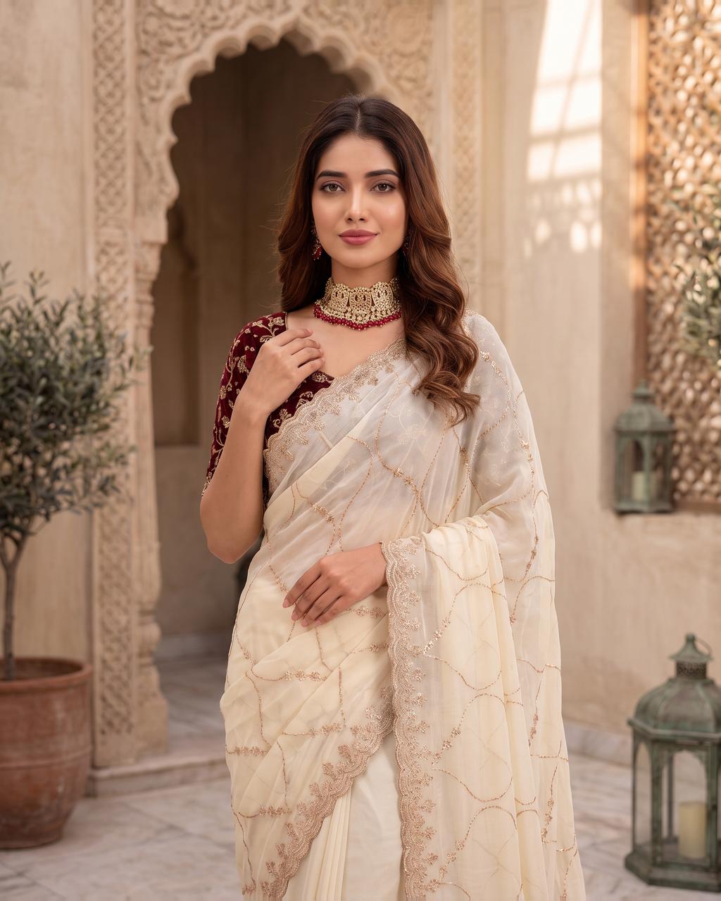 Vedika Star Kaju Katri Festive Saree with Patterned Pallu - White - upper closeup