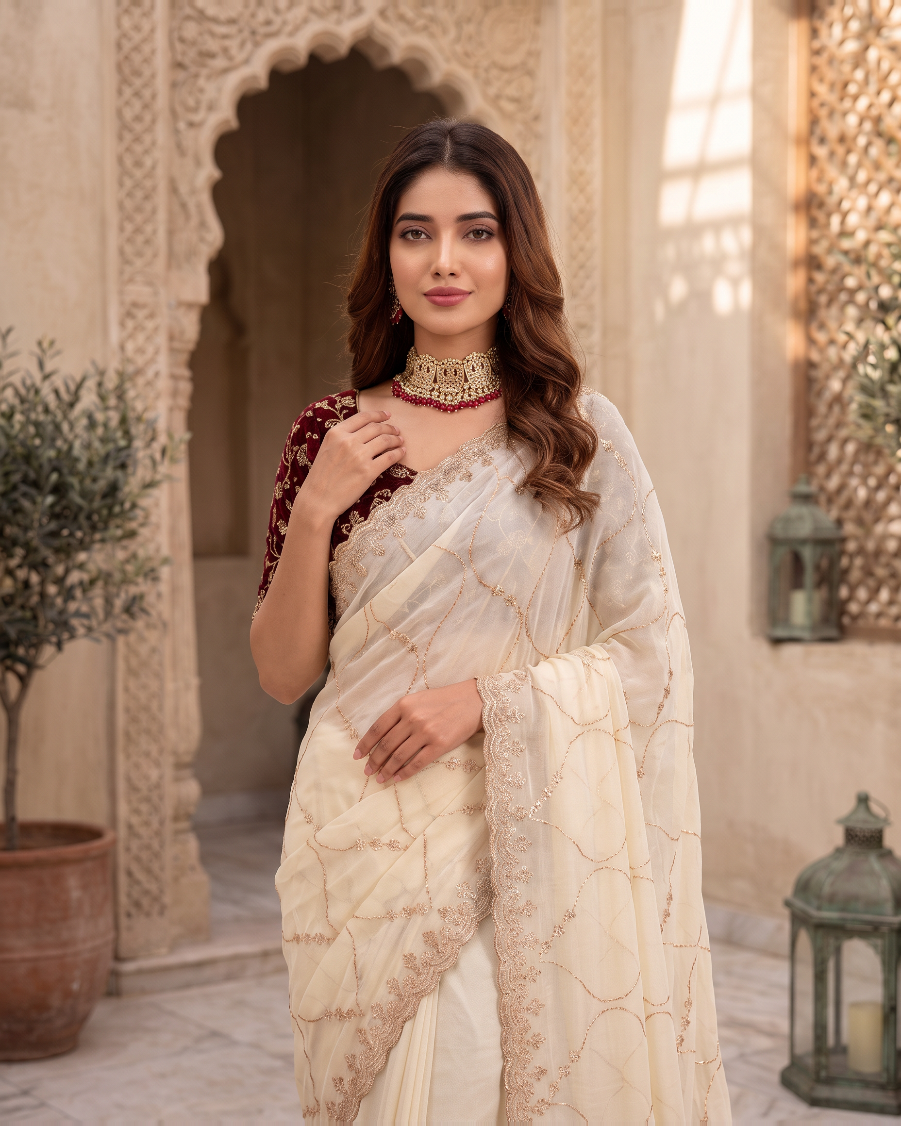 Vedika Star Kaju Katri Festive Saree with Patterned Pallu - White - upper closeup