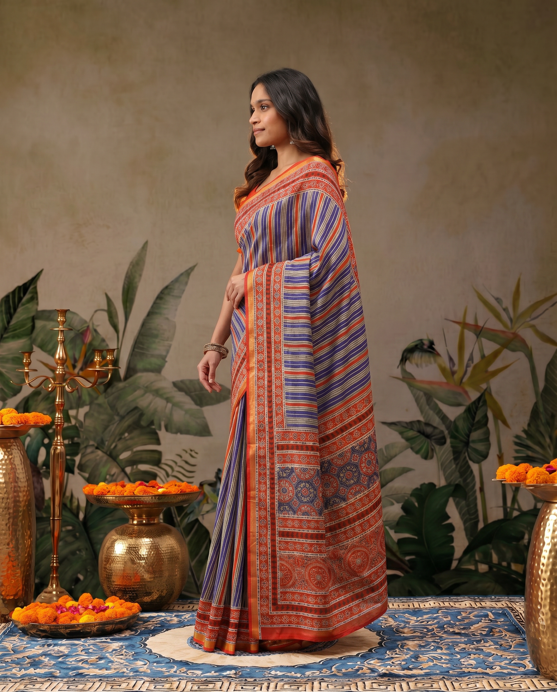 Vibrant Orange Printed Pure Cotton Saree with Traditional Patterns - output 0 - 03 side