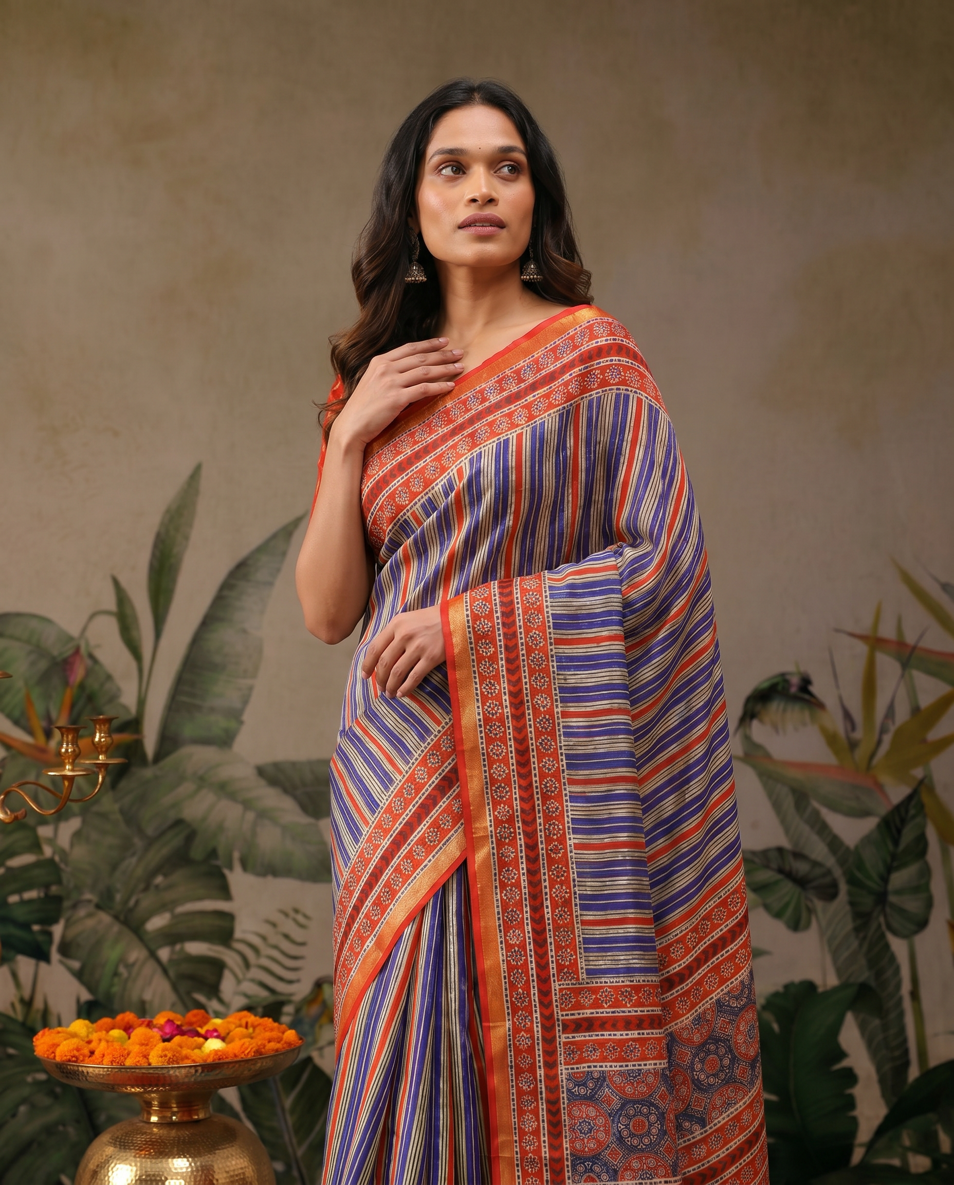Vibrant Orange Printed Pure Cotton Saree with Traditional Patterns - output 0 - 04 upper closeup