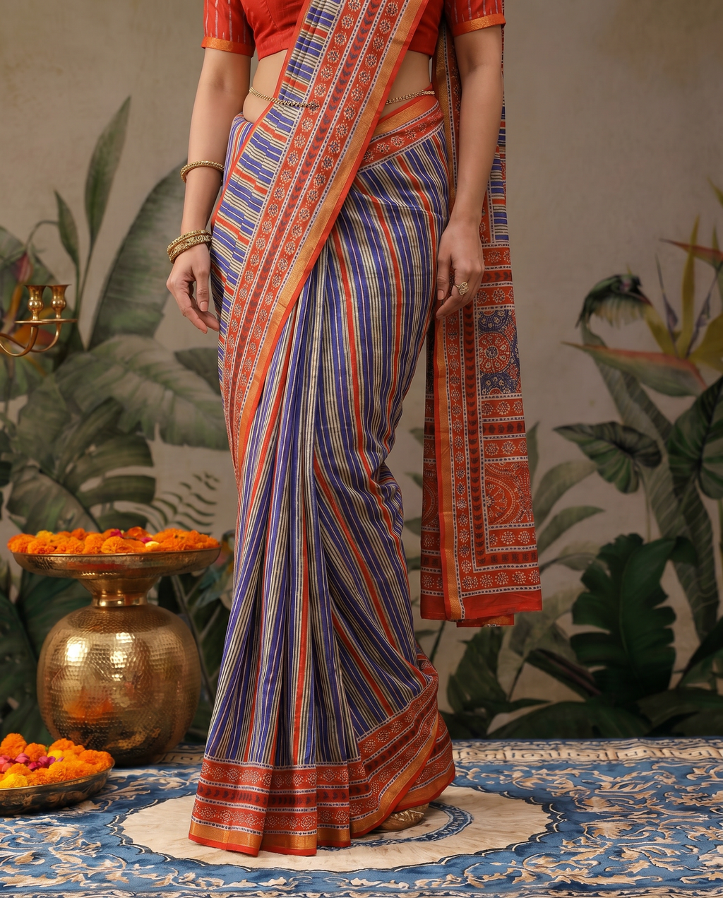 Vibrant Orange Printed Pure Cotton Saree with Traditional Patterns - output 0 - 05 lower closeup