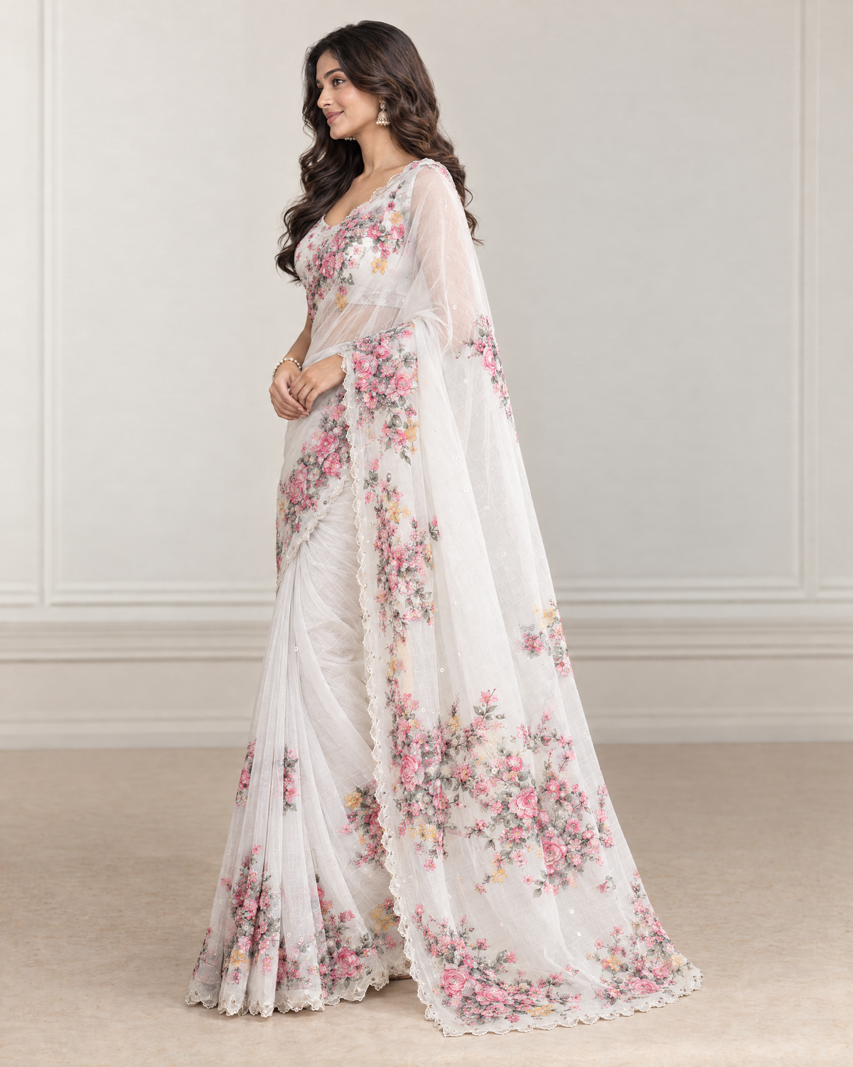 Vritika Floral Embroidered White Festive Saree with Scalloped Border - White - side drape