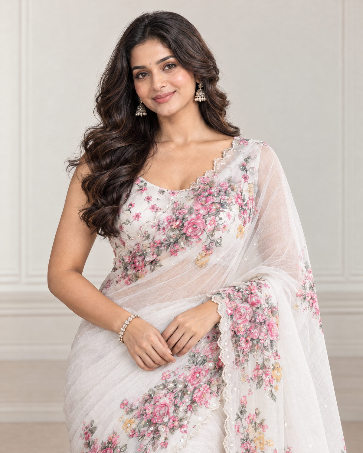 Vritika Floral Embroidered White Festive Saree with Scalloped Border - White - upper closeup