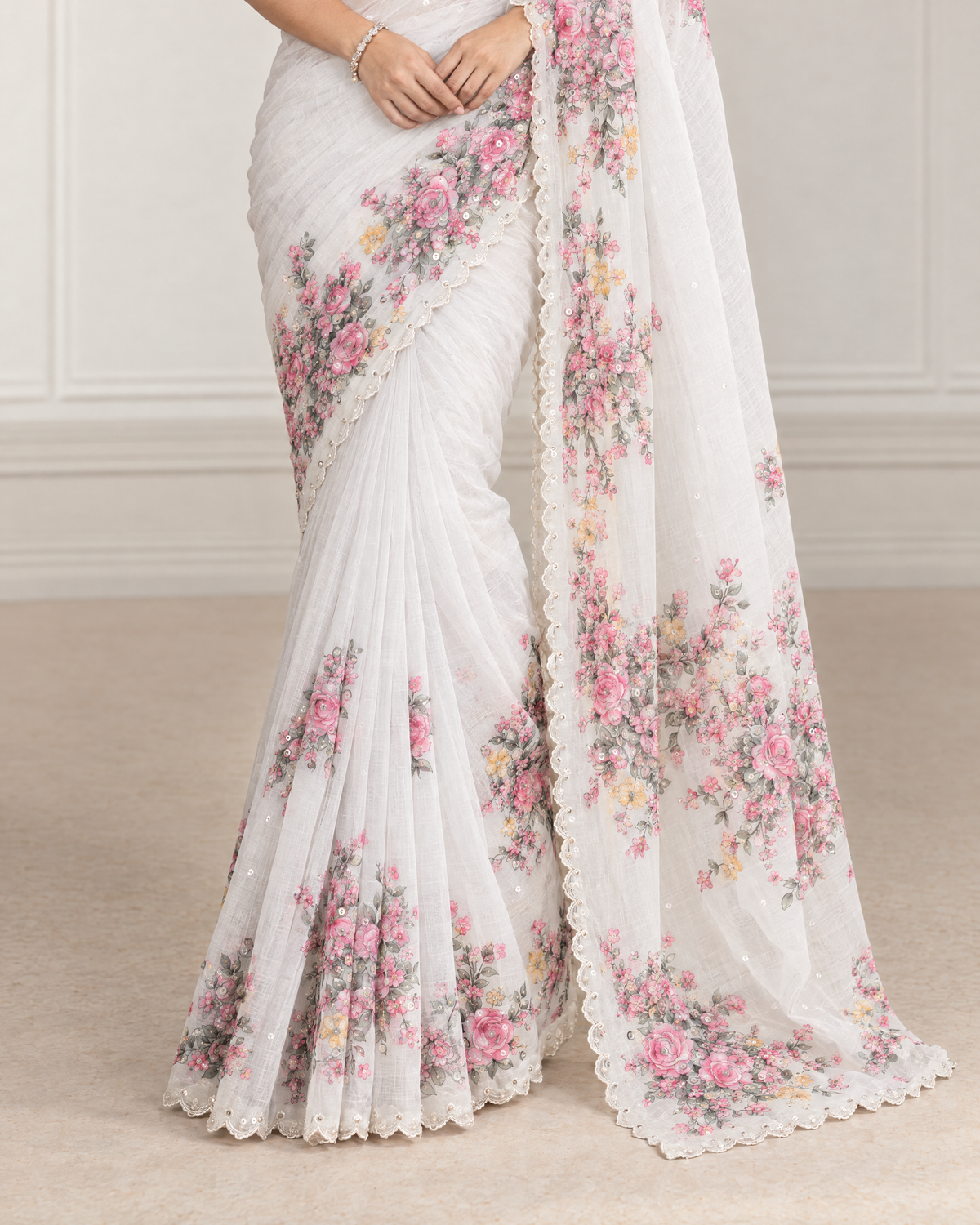 Vritika Floral Embroidered White Festive Saree with Scalloped Border - White - lower border closeup