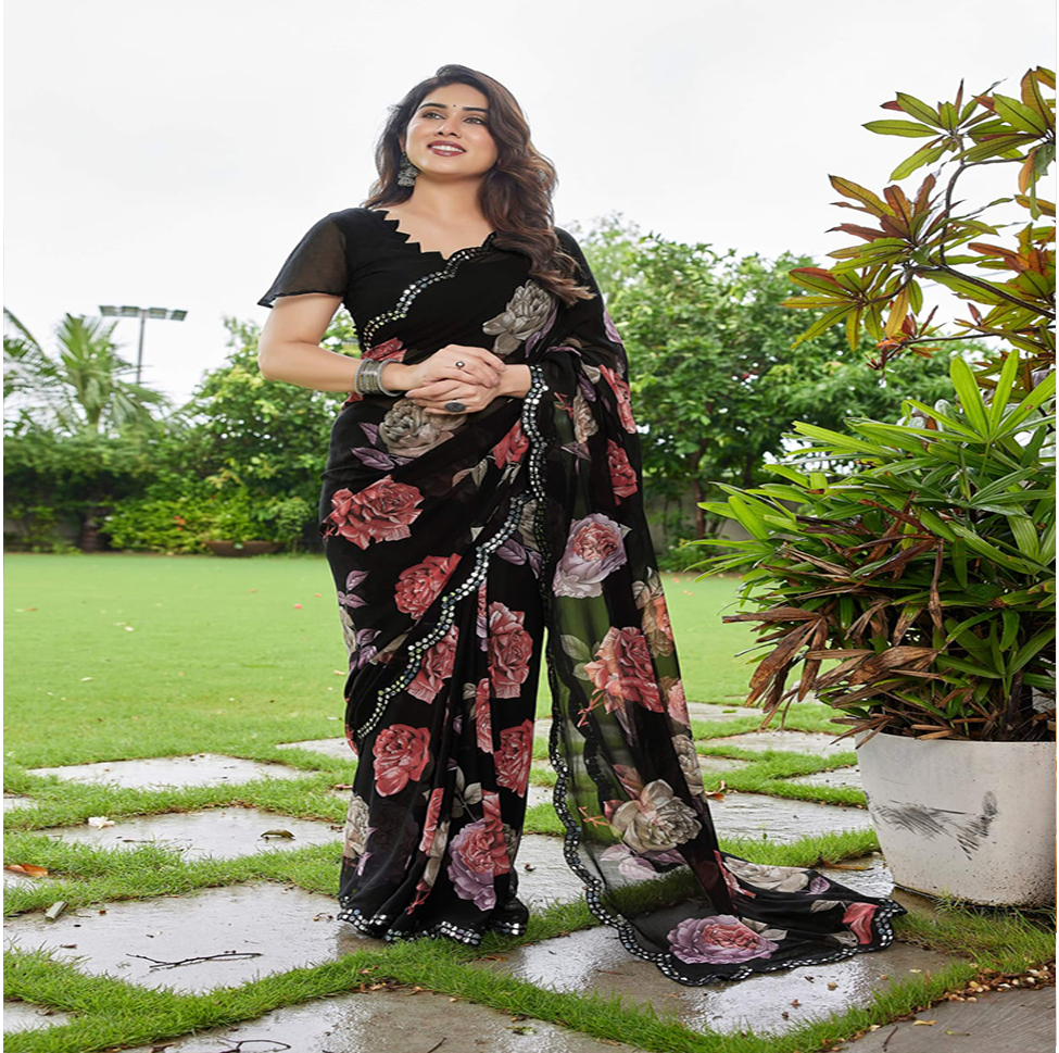 Elegant Black Floral Printed Georgette Saree with Designer Border – Party Wear & Casual Wear