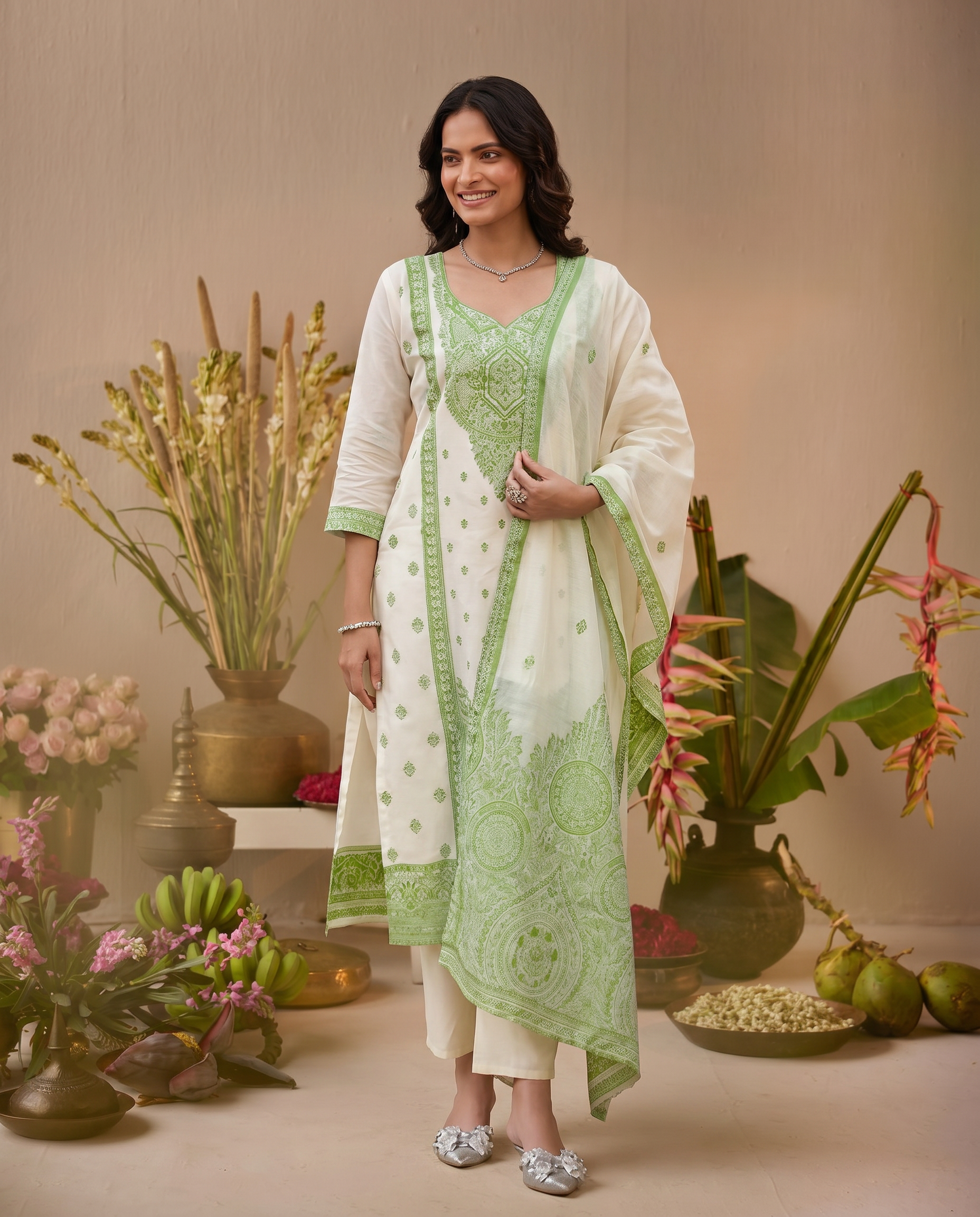 White and Light Green Salwar Suit Set - front