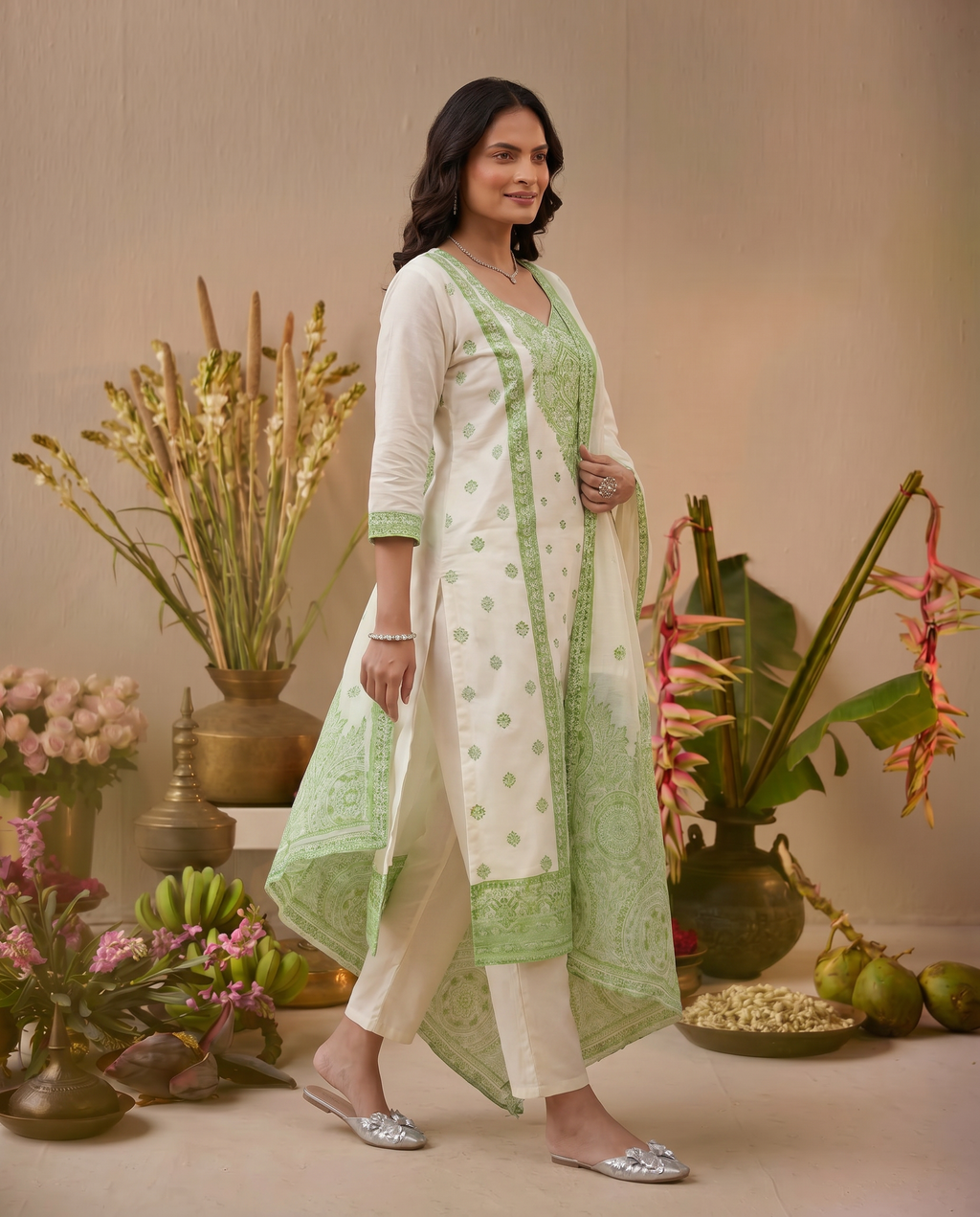 White and Light Green Salwar Suit Set - side
