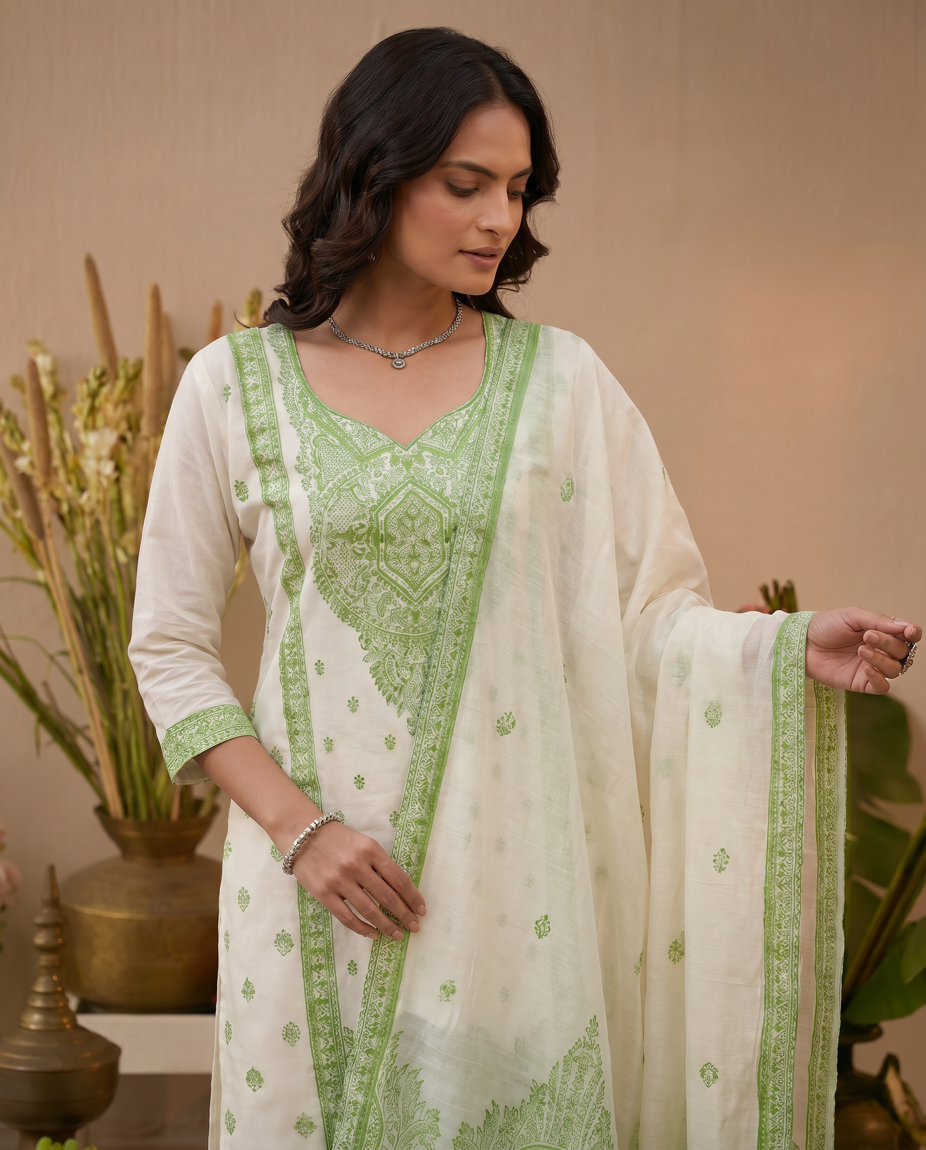 White and Light Green Salwar Suit Set - closeup