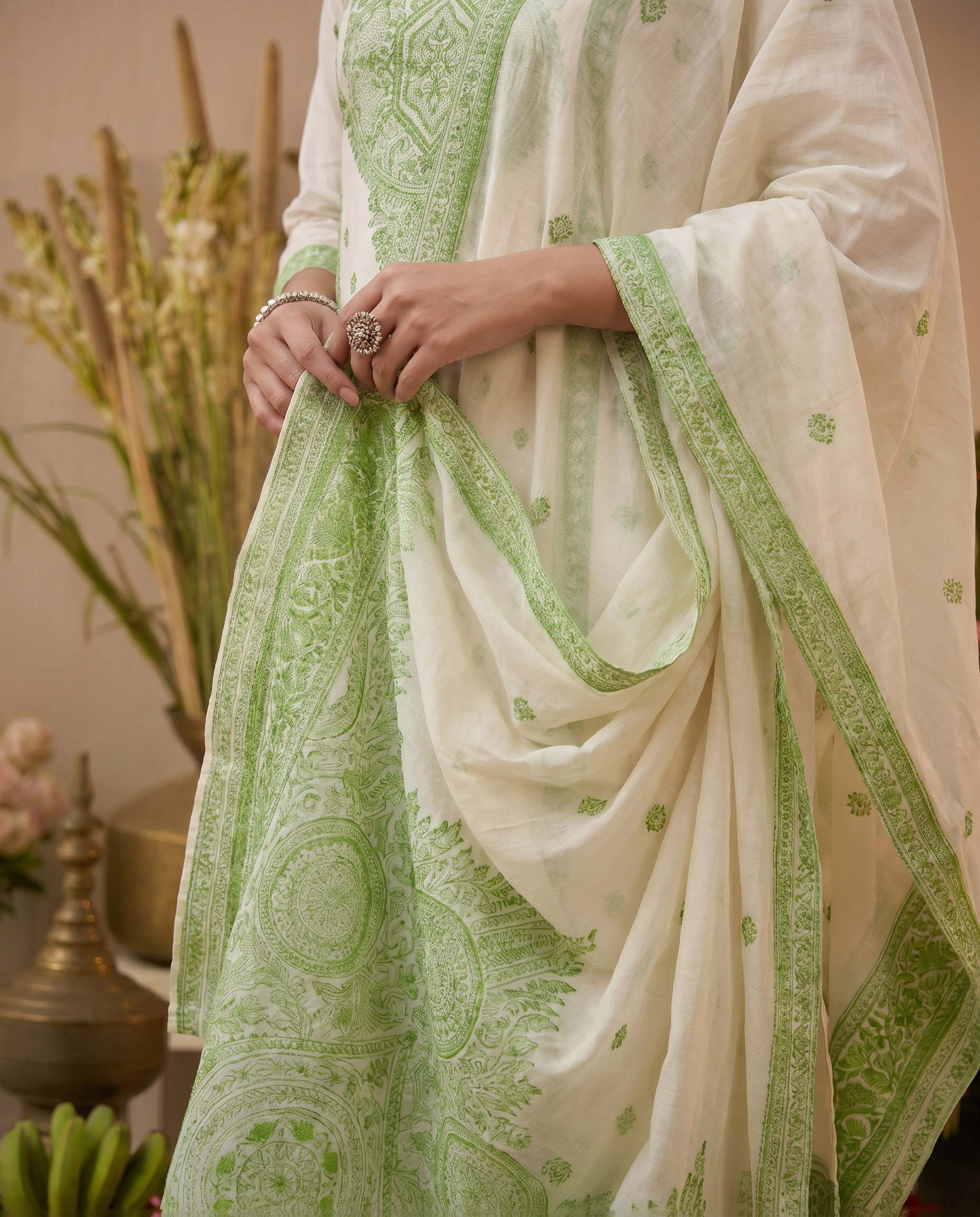 White and Light Green Salwar Suit Set - dupatta