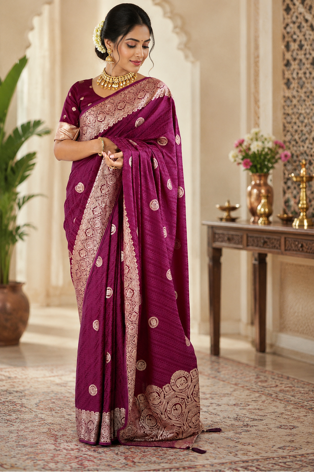 Wine Magenta Pure Silk Jari Weave Party Wear Saree - full saree hero