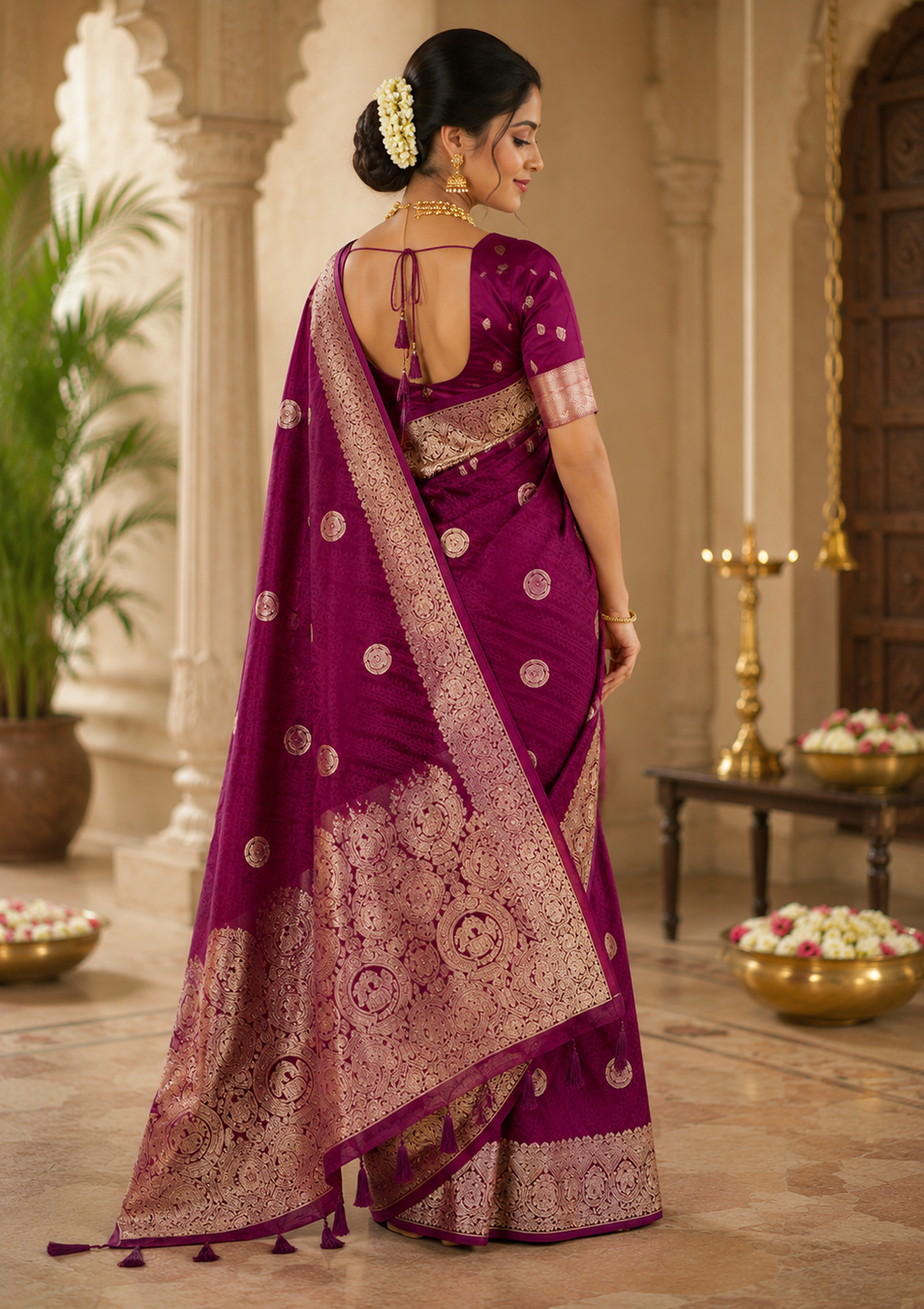 Wine Magenta Pure Silk Jari Weave Party Wear Saree - image 3