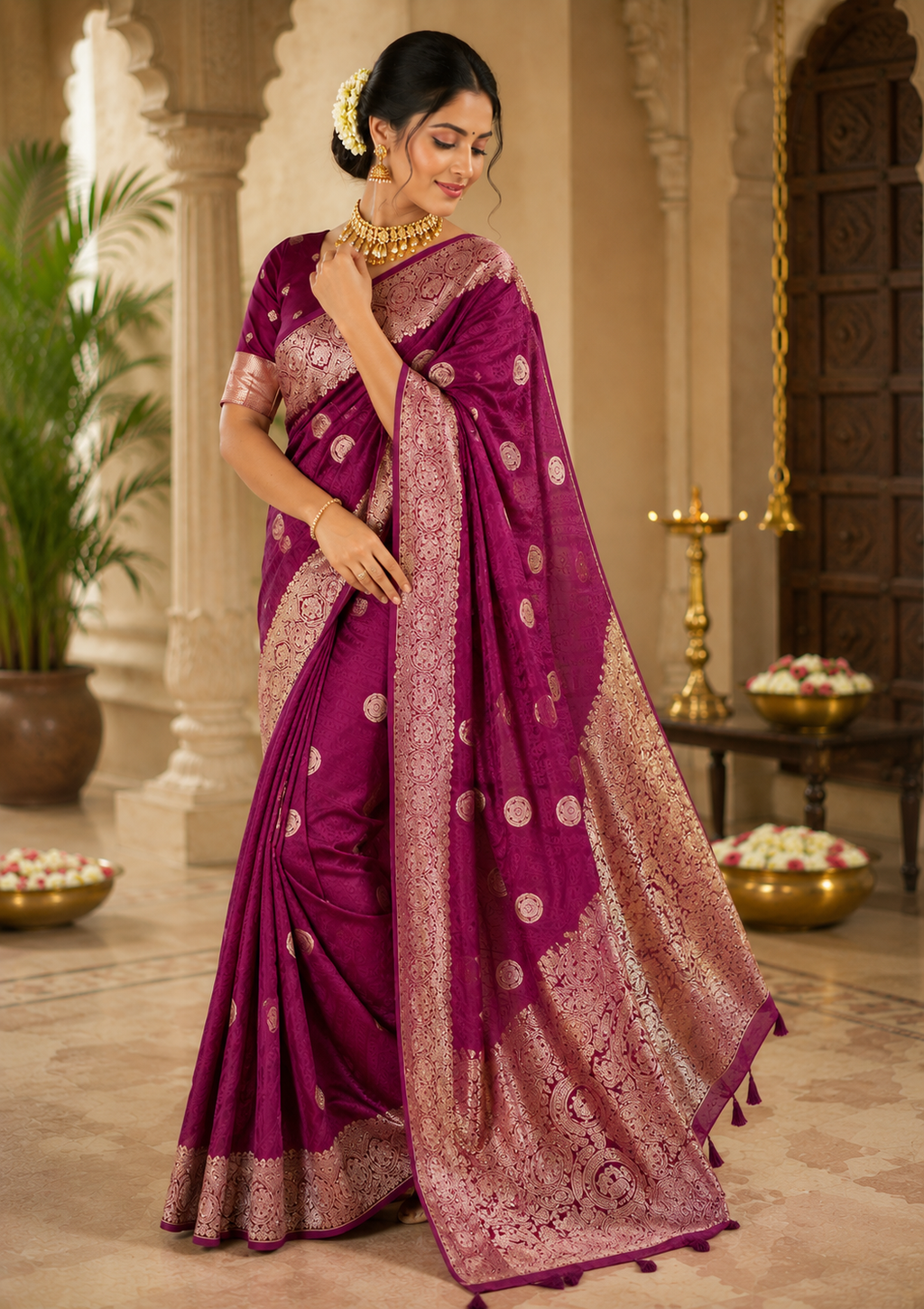 Wine Magenta Pure Silk Jari Weave Party Wear Saree - blouse detail