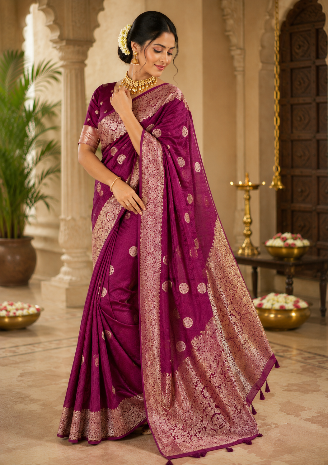 Wine Magenta Pure Silk Jari Weave Party Wear Saree - blouse detail