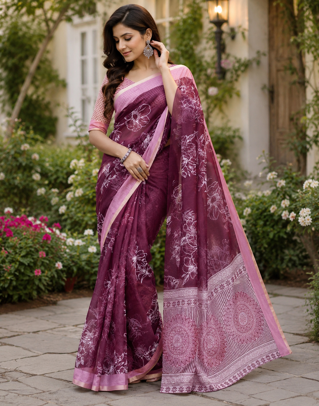 Wine Purple Chanderi Cotton Printed Ready To Wear Saree - full saree
