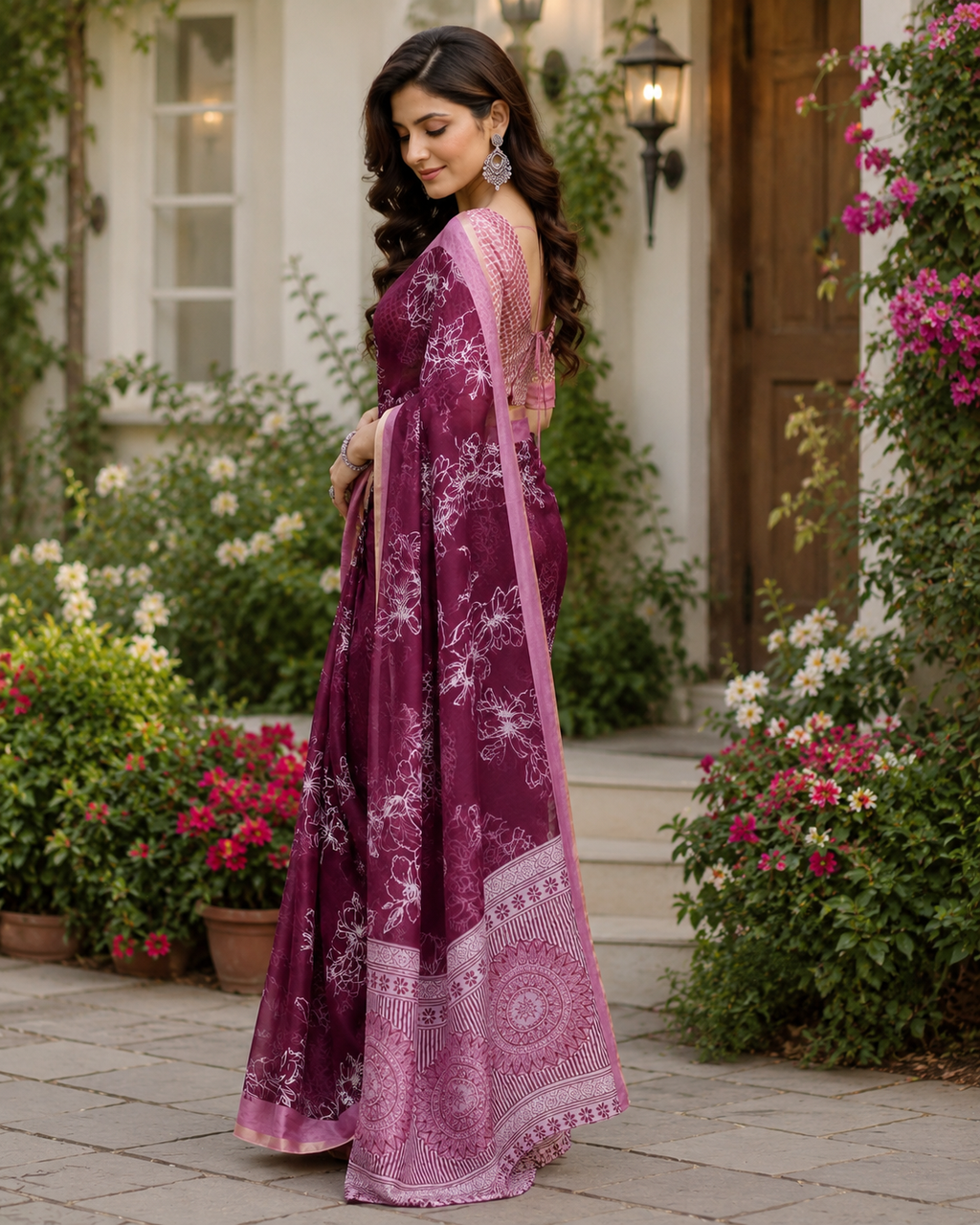 Wine Purple Chanderi Cotton Printed Ready To Wear Saree - image 2
