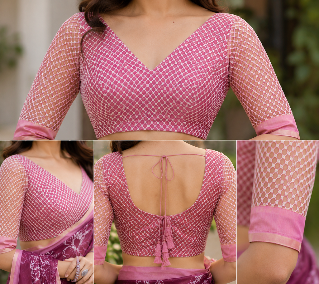 Wine Purple Chanderi Cotton Printed Ready To Wear Saree - blouse detail