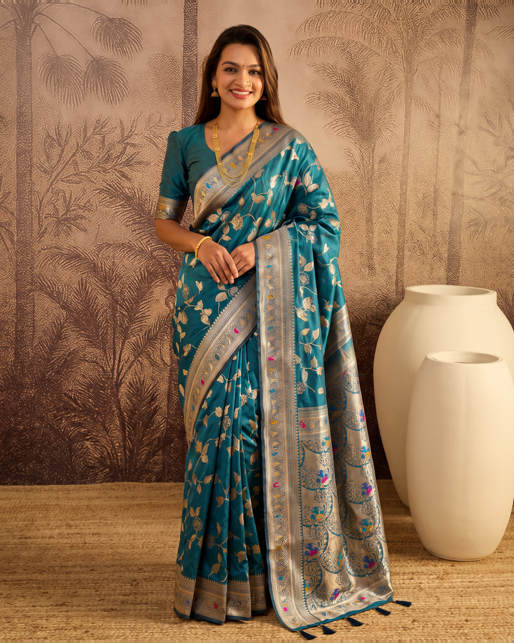 Yamini Floral Spray Zari Silk Saree with Tasselled Pallu - Air Force - full saree hero